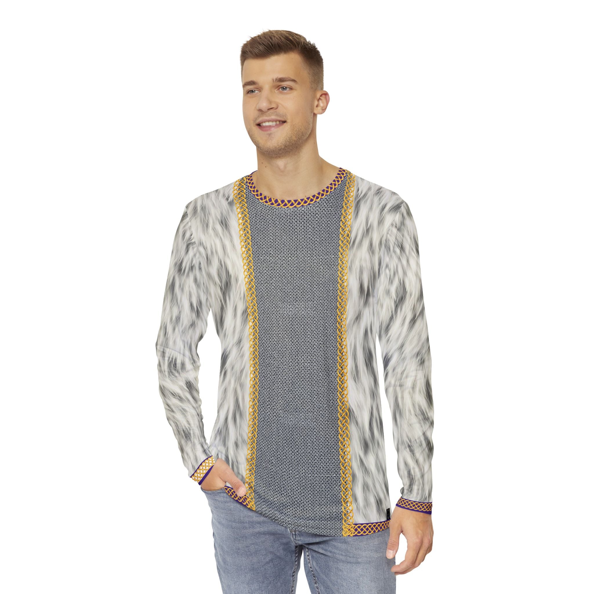 Fabled Fashion Men's Long Sleeve Chainmail and white fur jacket with celtic knot effect AOP Shirt