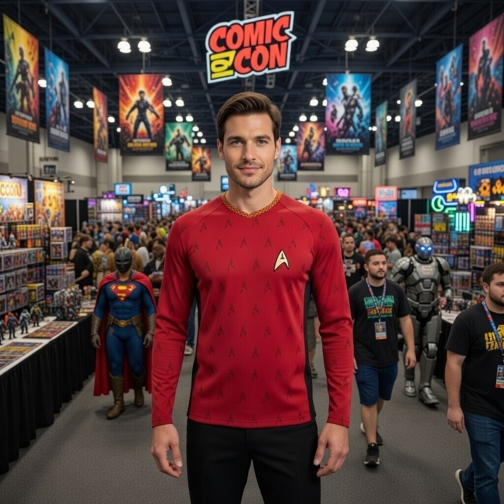 Fabled Fashion Men's Long Sleeve Red Trekkie leather accent AOP Shirt • Custom T shirt for men • Graphic tees men shirt • valentines gift