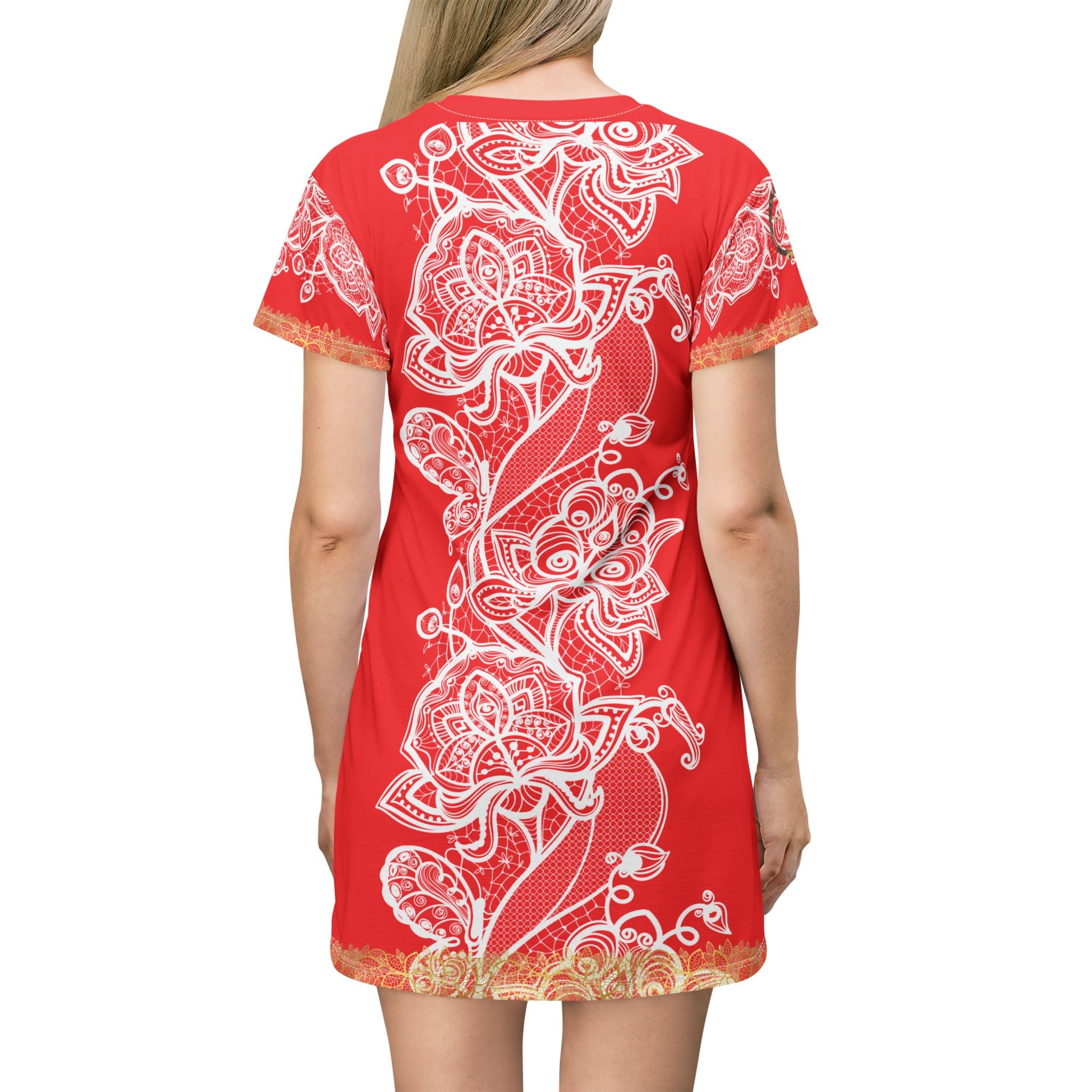 Fabled Fashion White/Gold Lace embroidered effect Red All Over Print Spring/Summer T-Shirt Dress