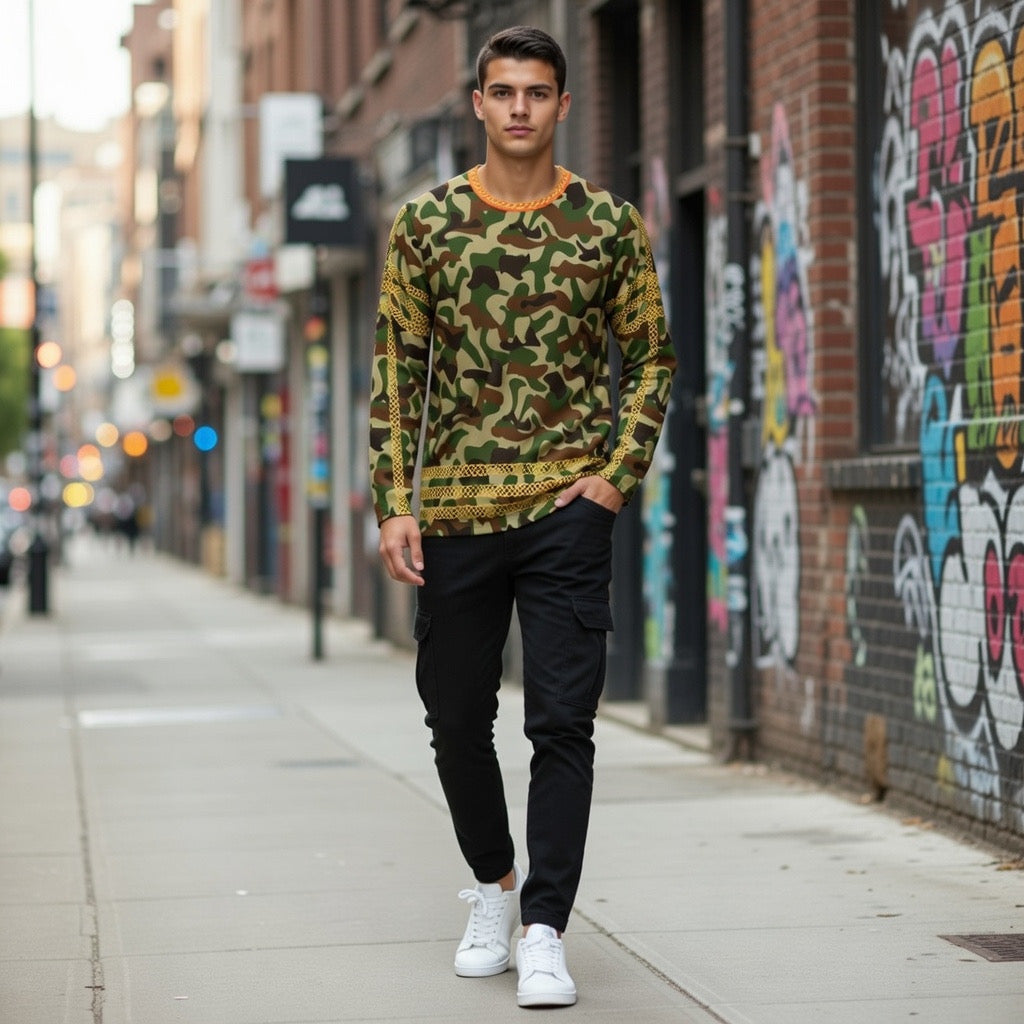 Fabled Fashion Men's Long Sleeve Green/Brown Camo effect triple Celtic chain AOP Shirt