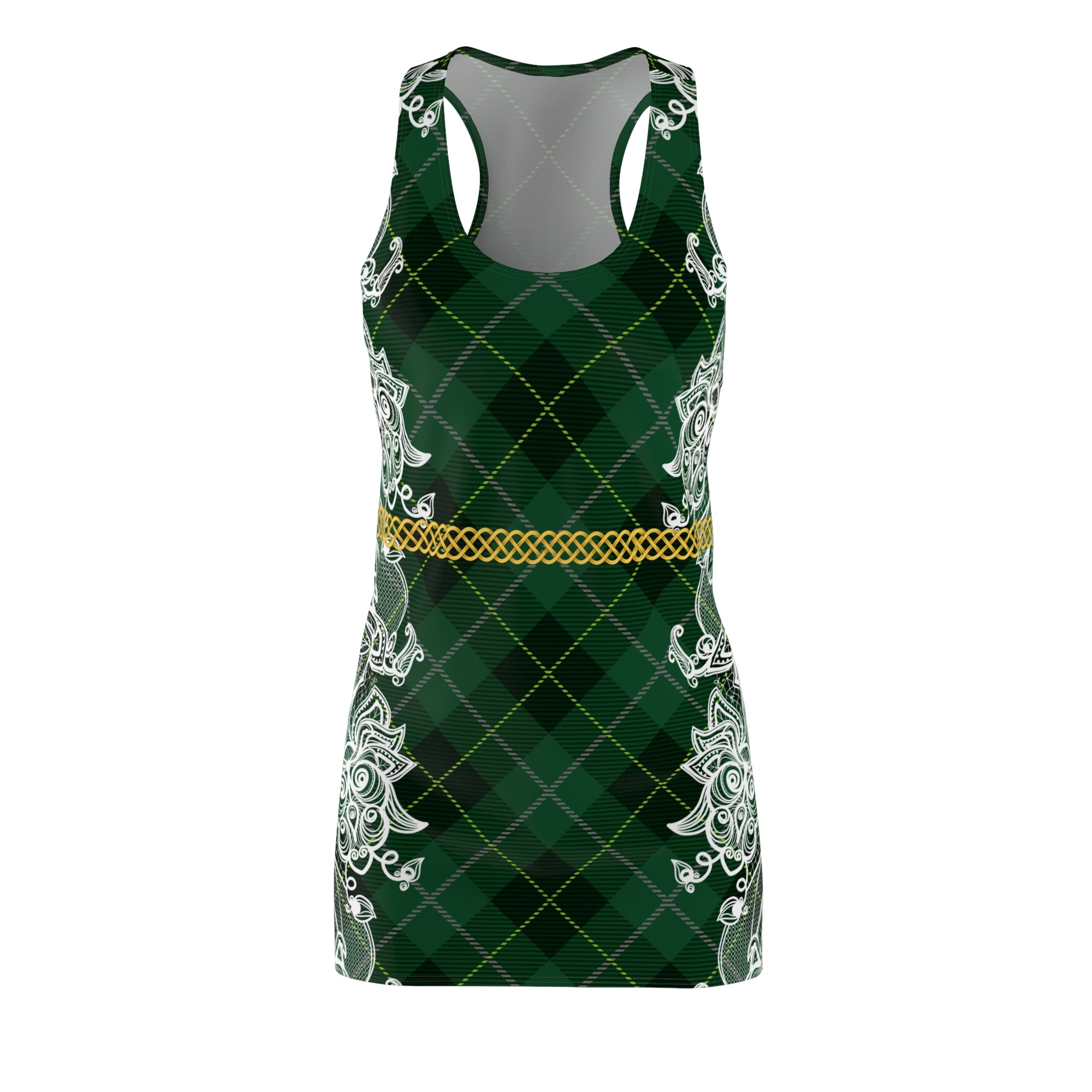 Fabled Fashion Green Tartan plaid and white lace effect Celtic Knot belt Women's Cut & Sew Racerback Dress (AOP)