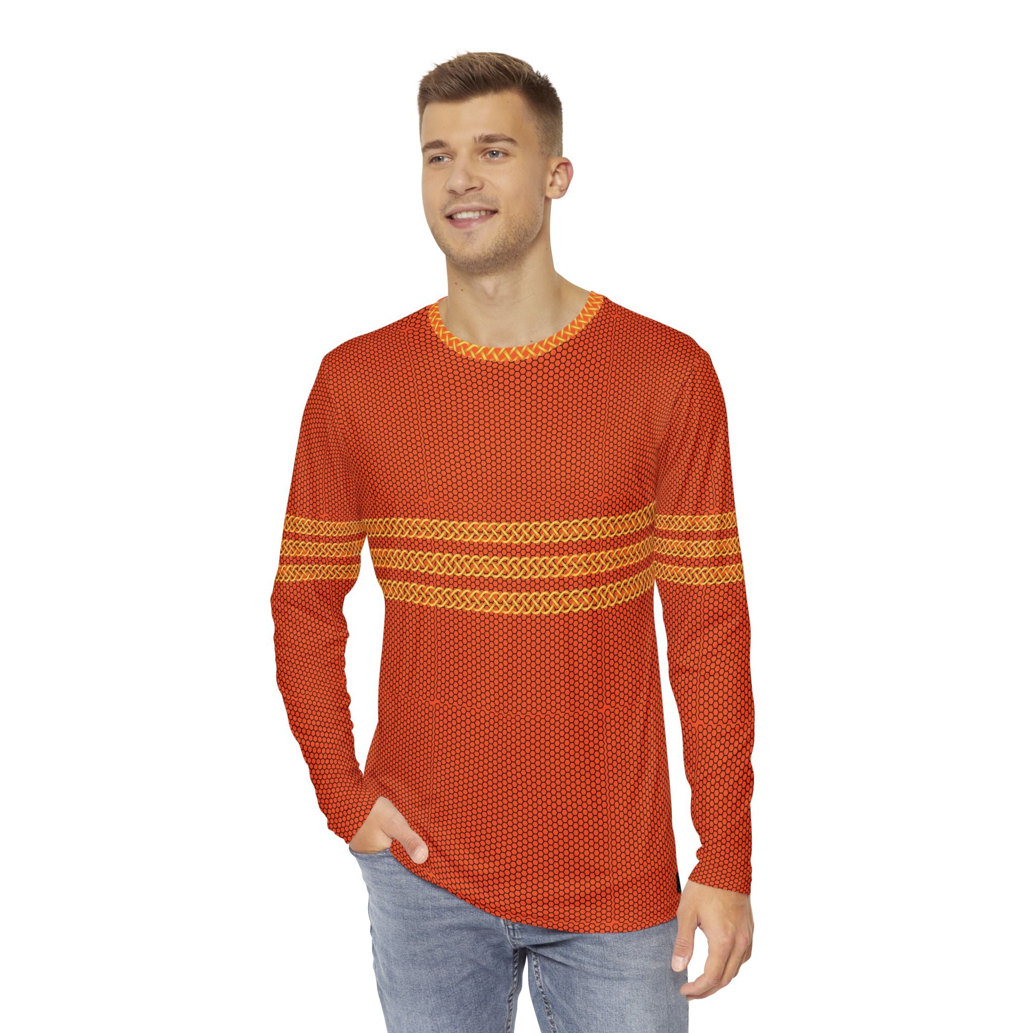 Fabled Fashion Men's Long Sleeve Triple Celtic chain effect AOP Shirt Orange