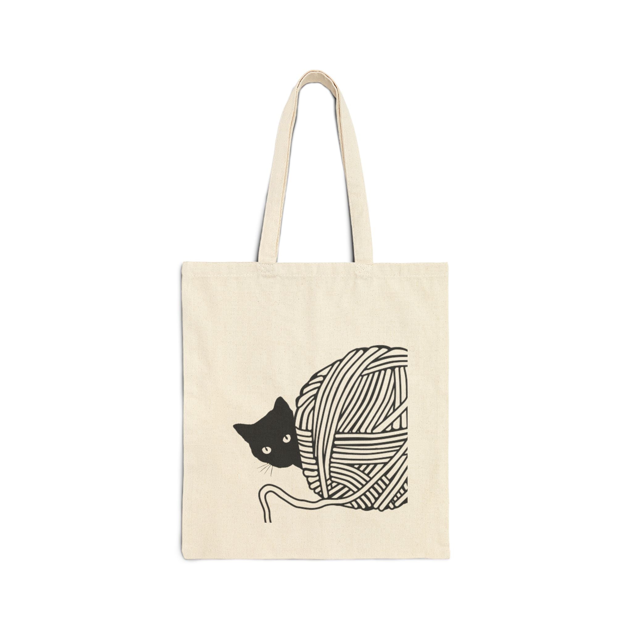 Cotton Canvas Tote Bag, Cat behind wool yarn design, Kitty lover gift, Cute cat tote, Reusable shopping bag, Cat mom gift, Cat lady tote bag