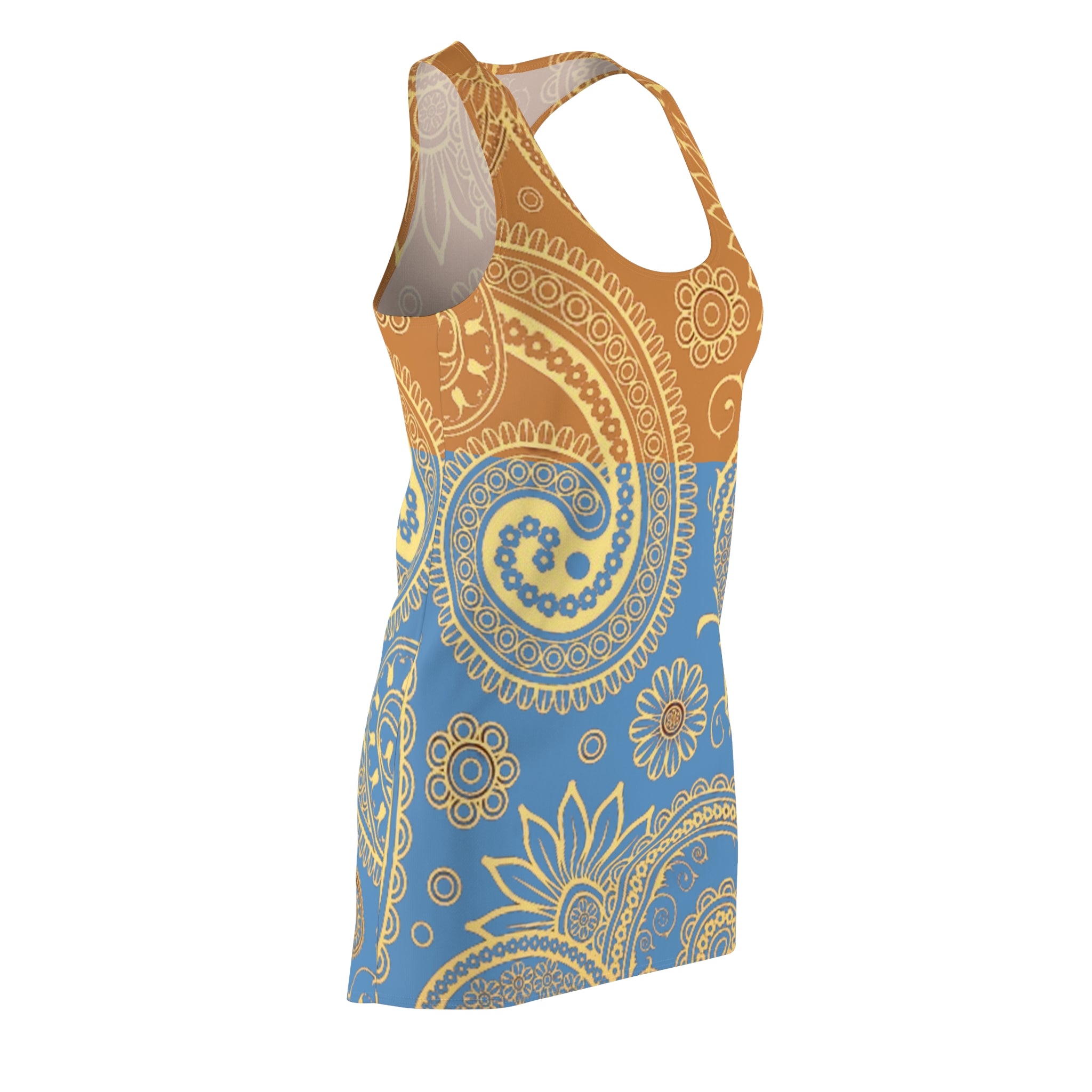 Fabled Fashion Tranquil Blue and Sundial Paisley effect Women's Cut & Sew Racerback Dress (AOP)