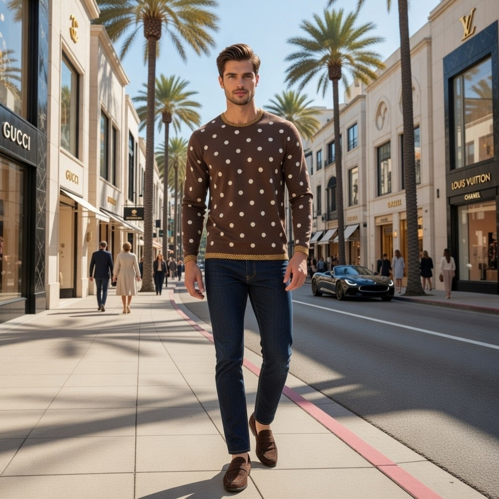 Fabled Fashion Men's Long Sleeve Chocolate Polka Dot Triple Celtic chain effect AOP shirt.