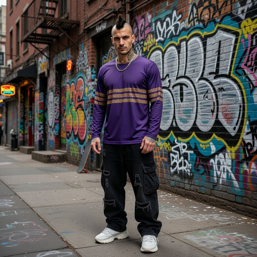 Fabled Fashion Men's Long Sleeve Triple Celtic chain effect AOP Shirt Purple