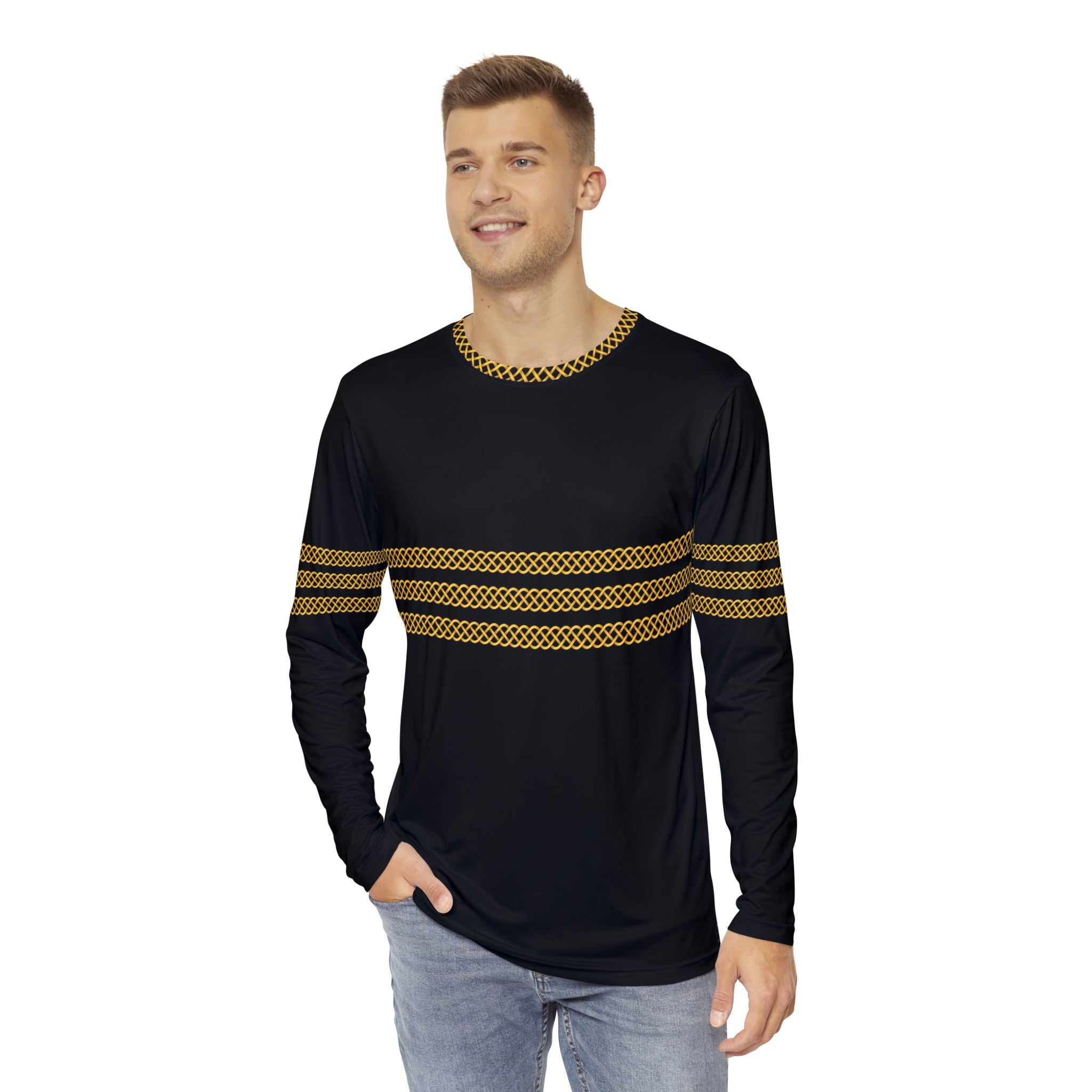 Fabled Fashion Men's Long Sleeve Triple Celtic chain effect AOP Shirt Black