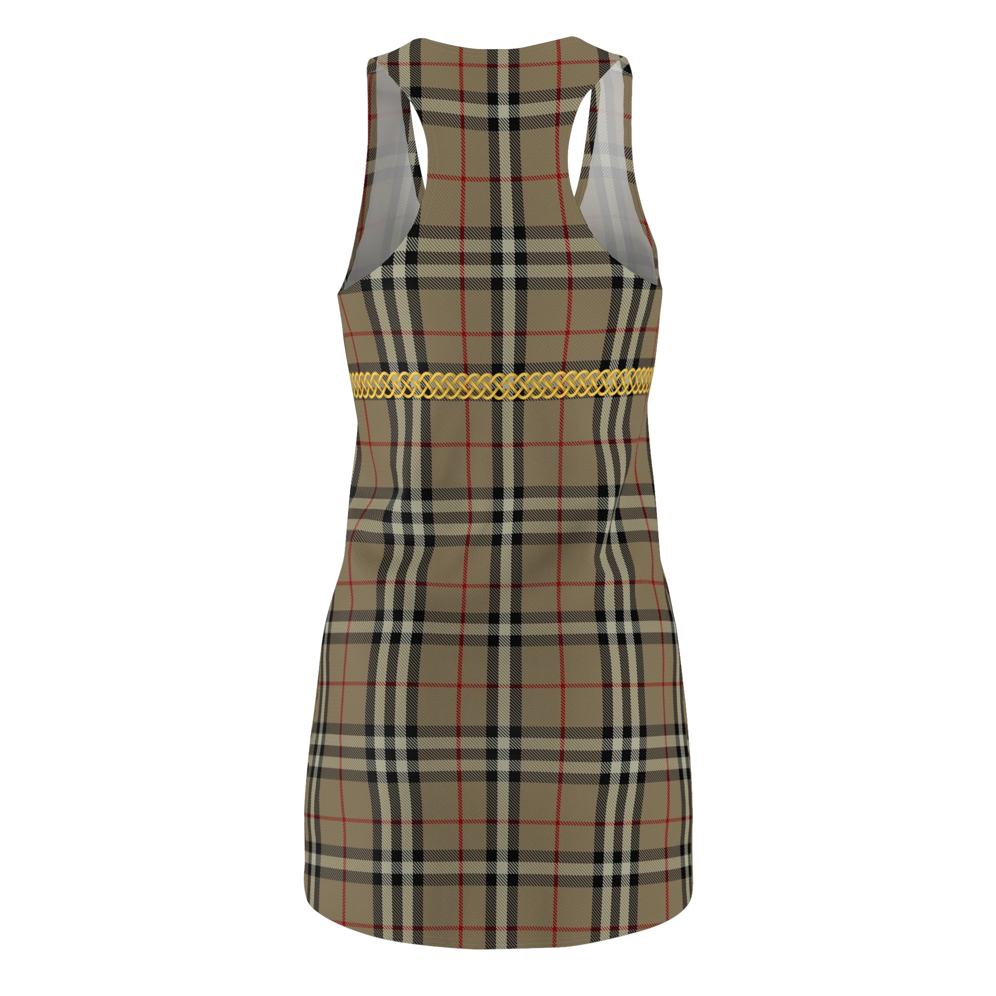 Fabled Fashion Beige Plaid Celtic Knot effect Women's Cut & Sew Racerback Dress (AOP)