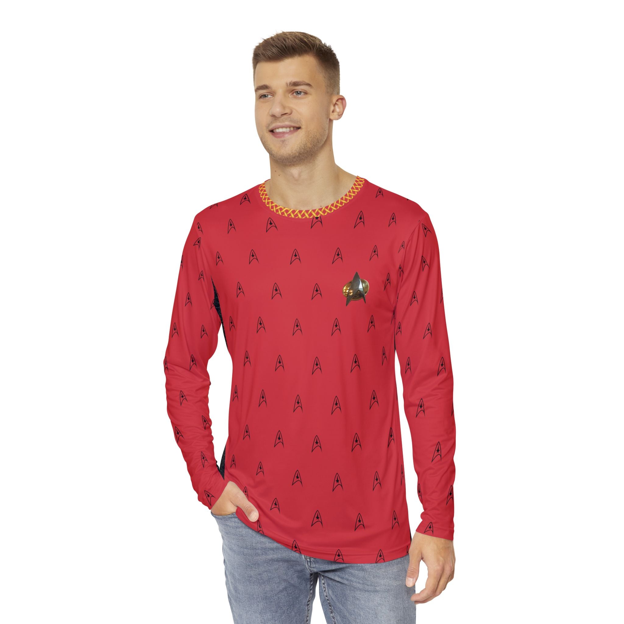 Fabled Fashion Men's Long Sleeve Red Trekkie leather accent effect patterned AOP Shirt
