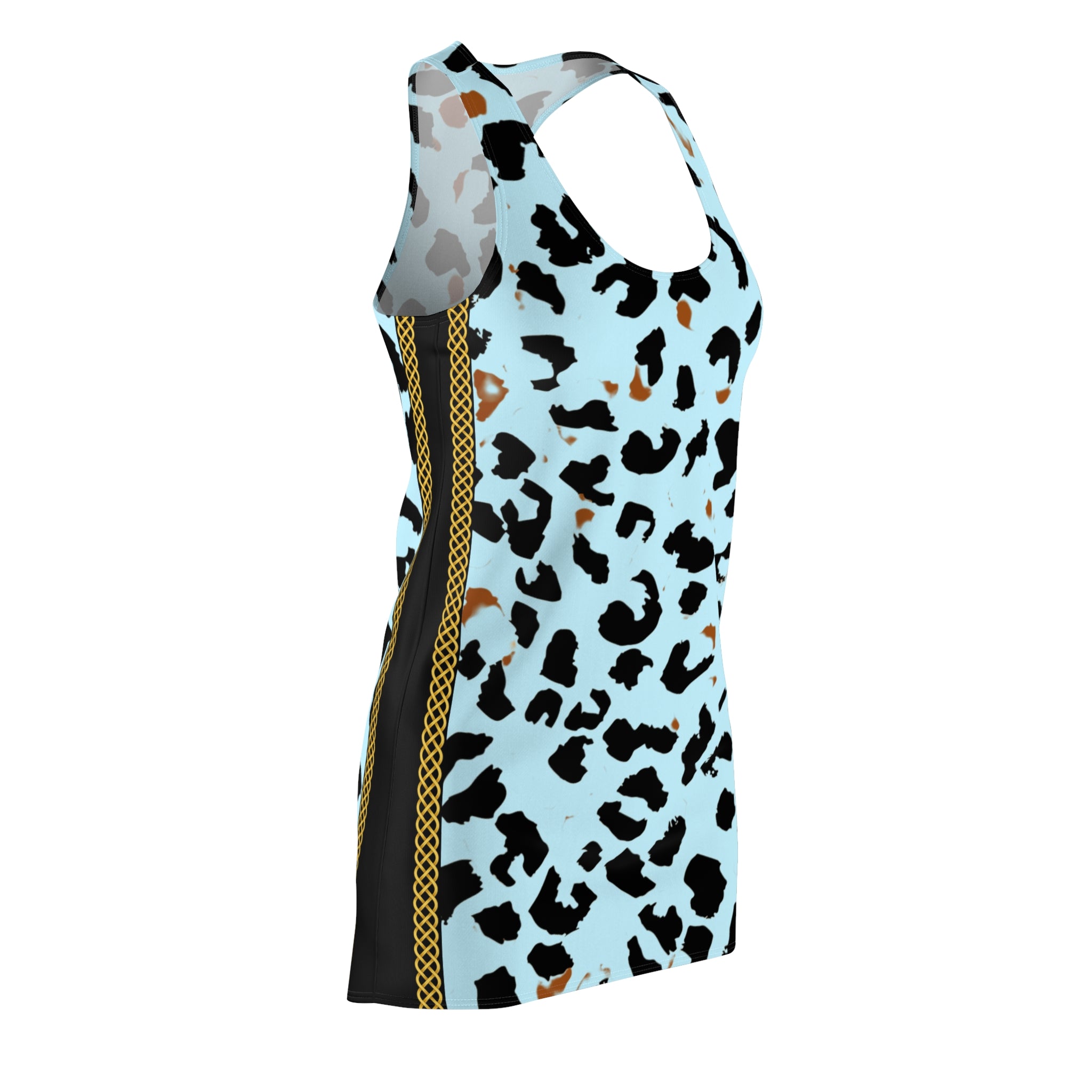 Fabled Fashion Light Blue Leopard print with vertical Celtic Knot effect Women's Cut & Sew Racerback Dress (AOP)