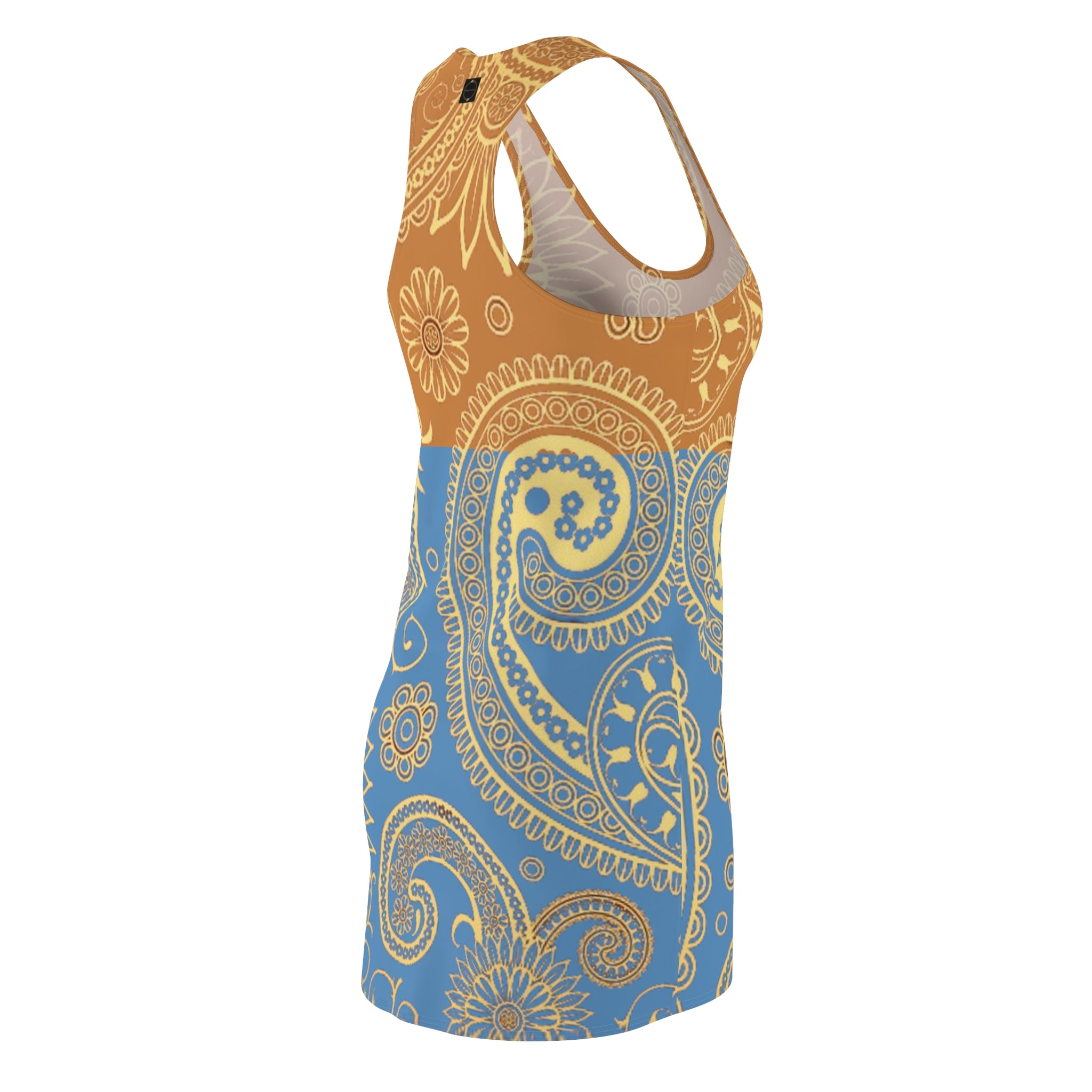 Fabled Fashion Tranquil Blue and Sundial Paisley effect Women's Cut & Sew Racerback Dress (AOP)