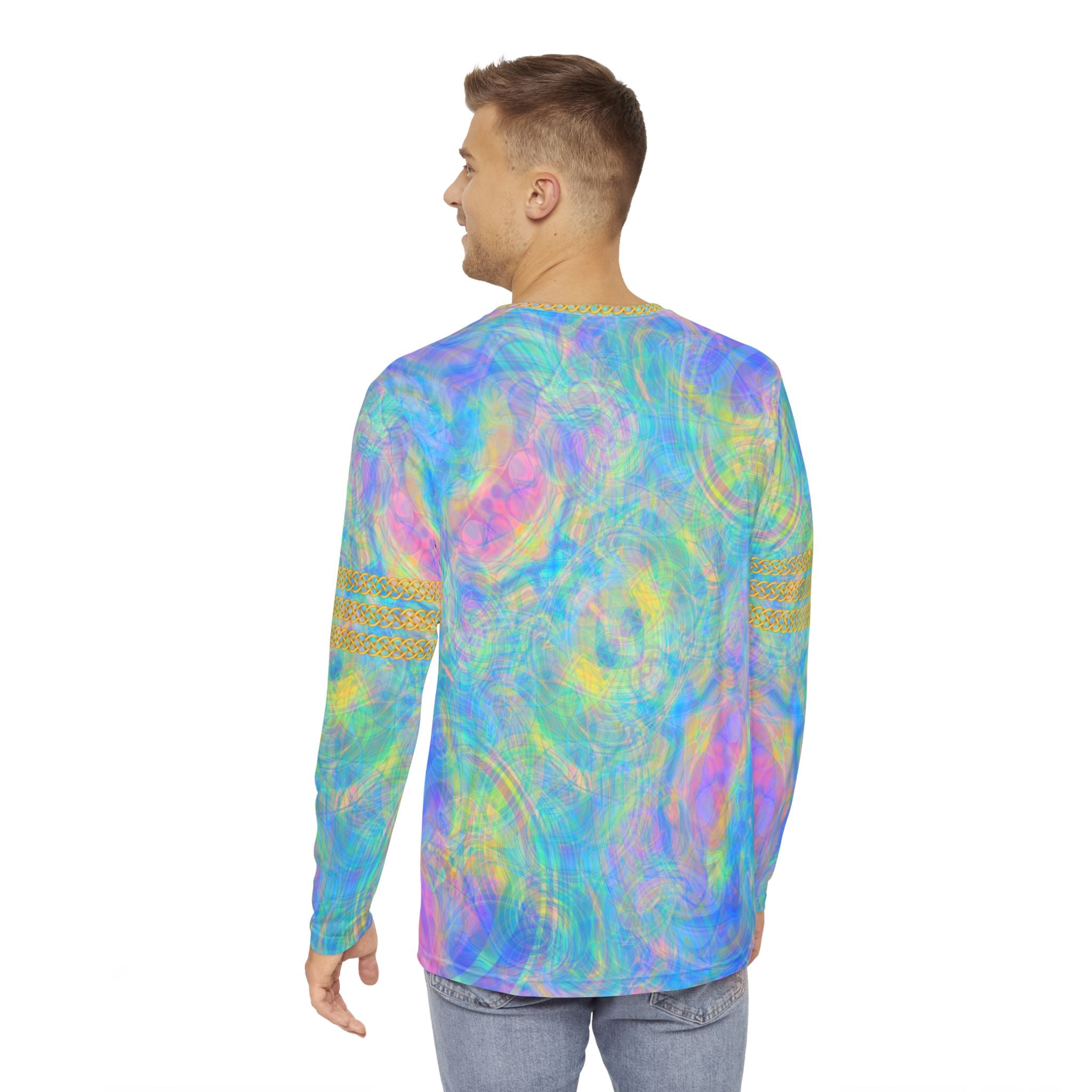 Fabled Fashion Men's Long Sleeve Psychedelic Tie-Dye Celtic chain effect AOP Shirt