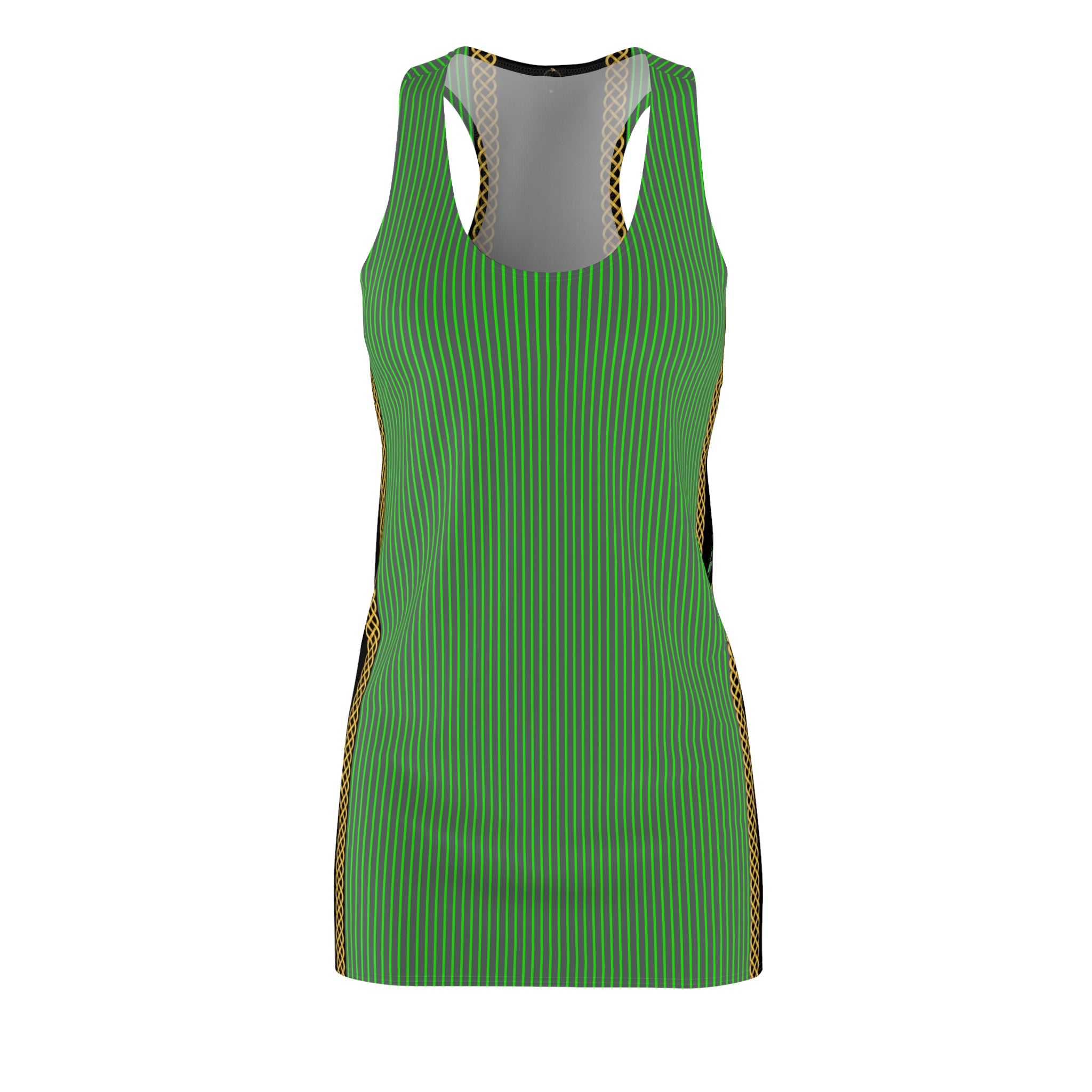 Fabled Fashion Green HI-VIS pinstripe on Grey effect Women's Cut & Sew Racerback Dress (AOP)