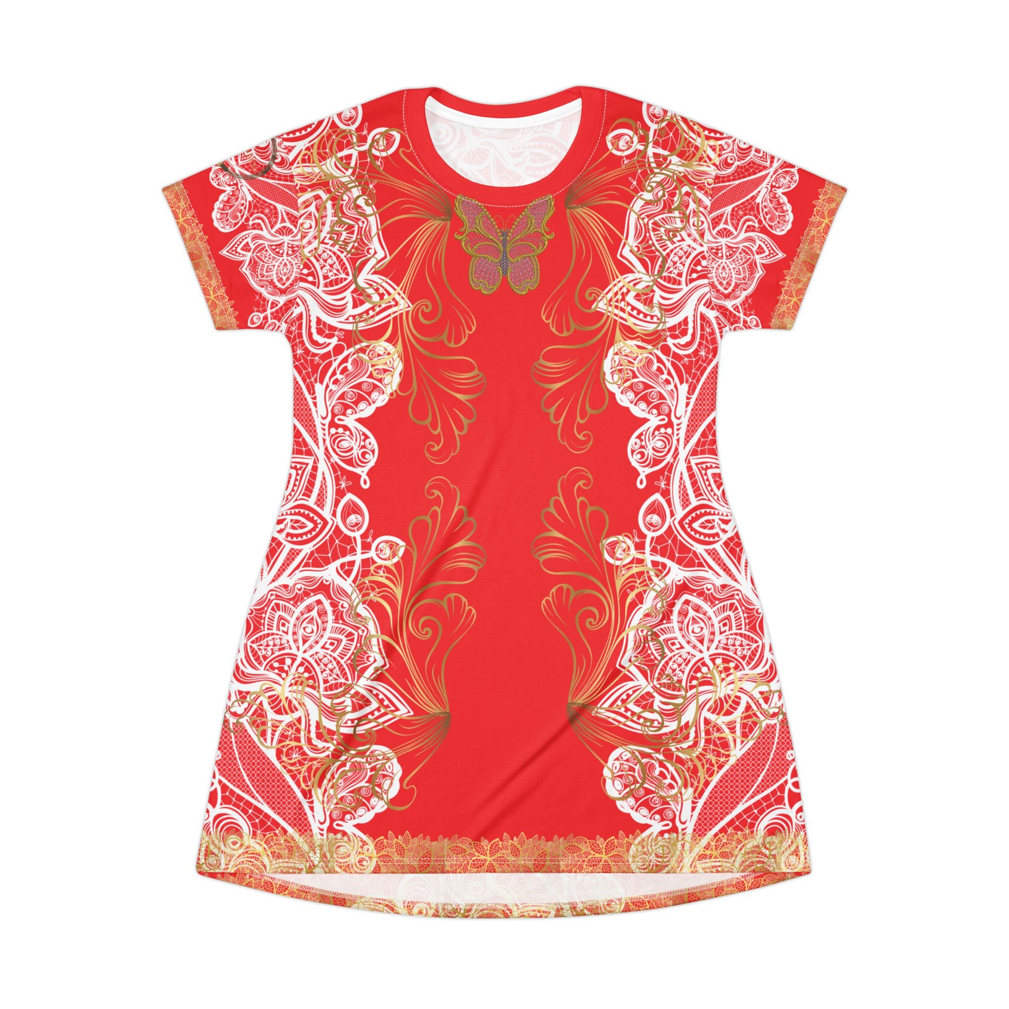 Fabled Fashion White/Gold Lace embroidered effect Red All Over Print Spring/Summer T-Shirt Dress