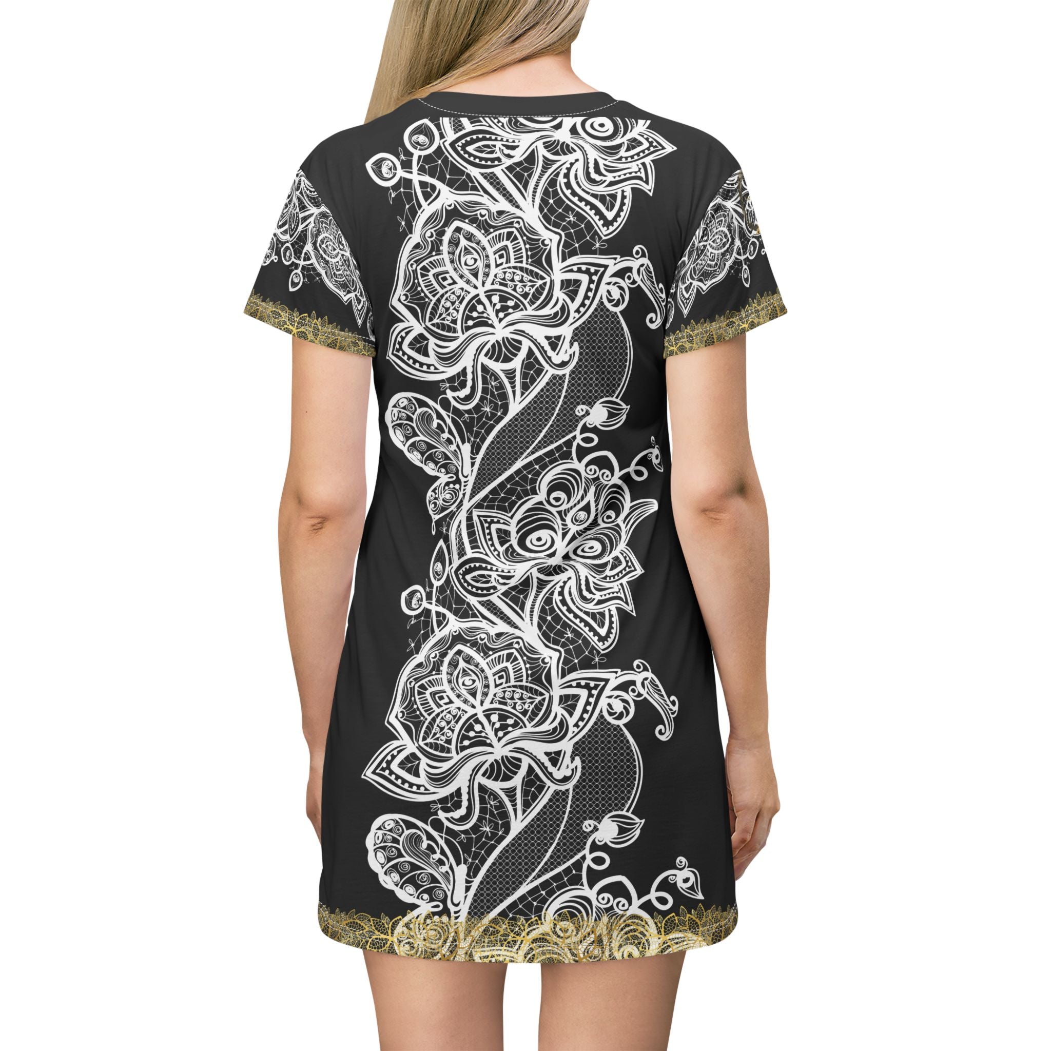 Fabled Fashion White/Gold Lace embroidered effect Black All Over Print Spring/Summer T-Shirt Dress