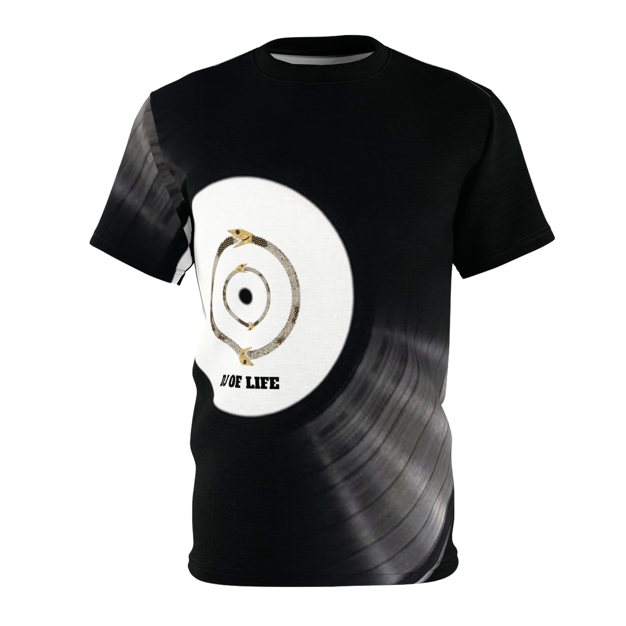 Fabled Fashion Vinyl Record design Unisex Cut & Sew Tee (AOP) Black