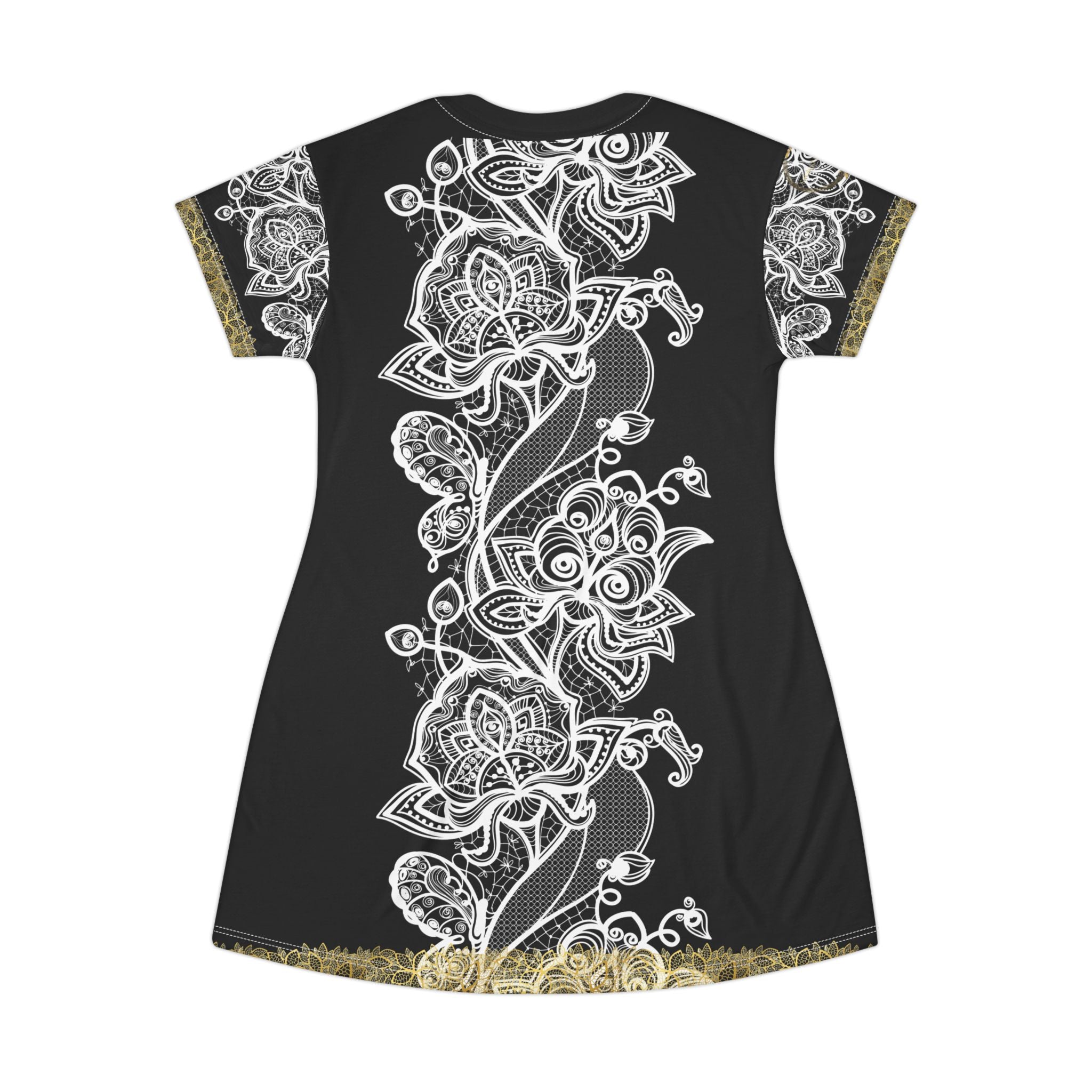 Fabled Fashion White/Gold Lace embroidered effect Black All Over Print Spring/Summer T-Shirt Dress