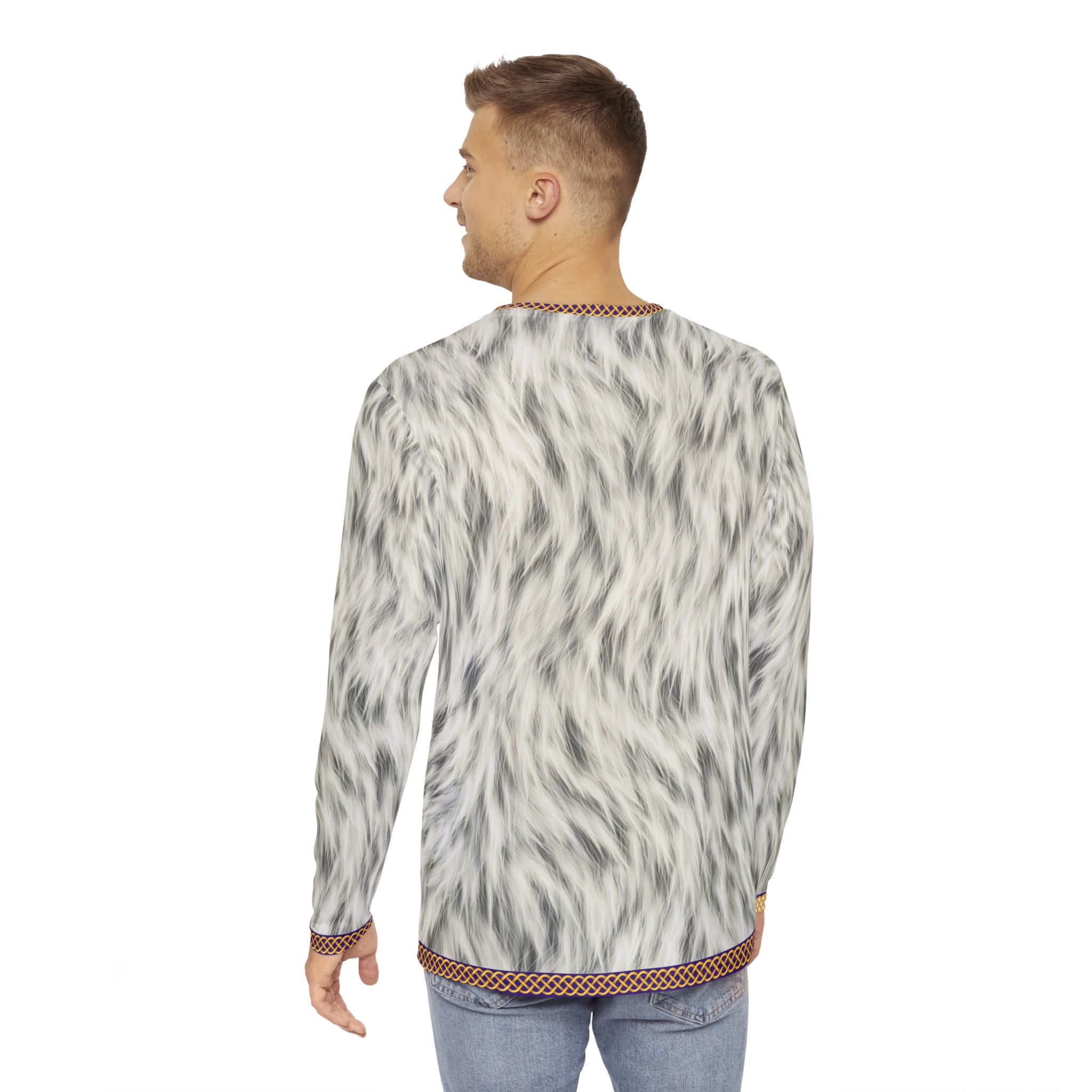 Fabled Fashion Men's Long Sleeve Chainmail and white fur jacket with celtic knot effect AOP Shirt