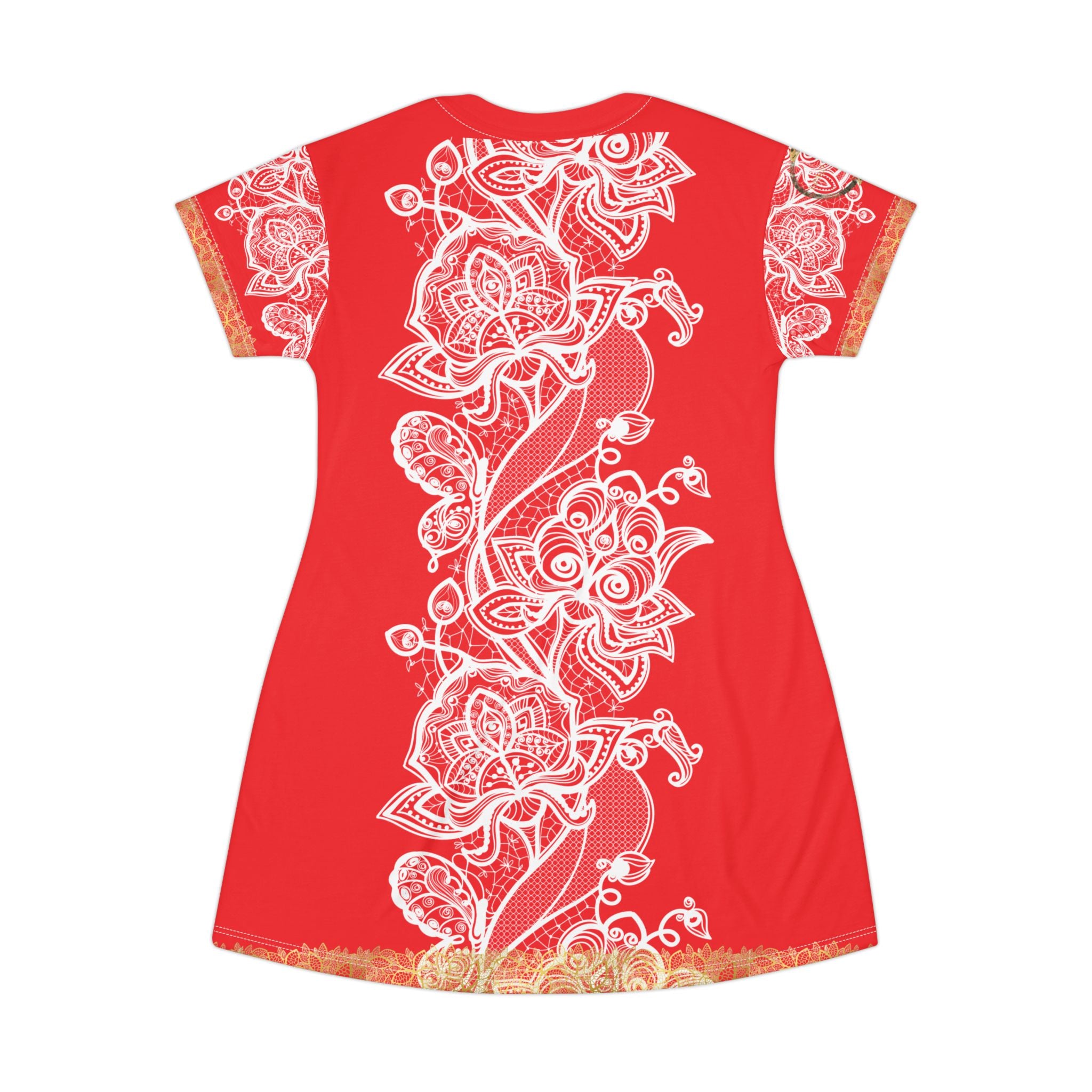 Fabled Fashion White/Gold Lace embroidered effect Red All Over Print Spring/Summer T-Shirt Dress