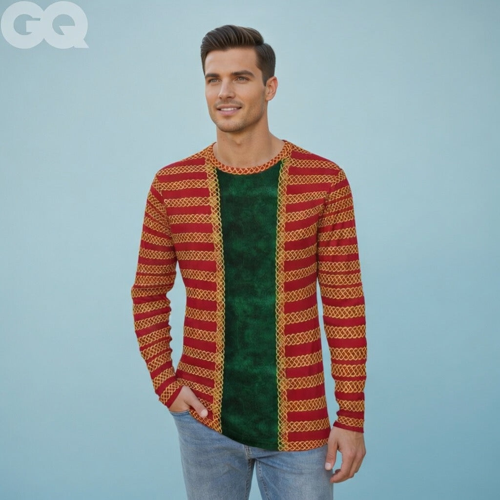 Fabled Fashion Men's Long Sleeve Red Jester Jacket on Green velvet effect Celtic knot chain AOP Shirt