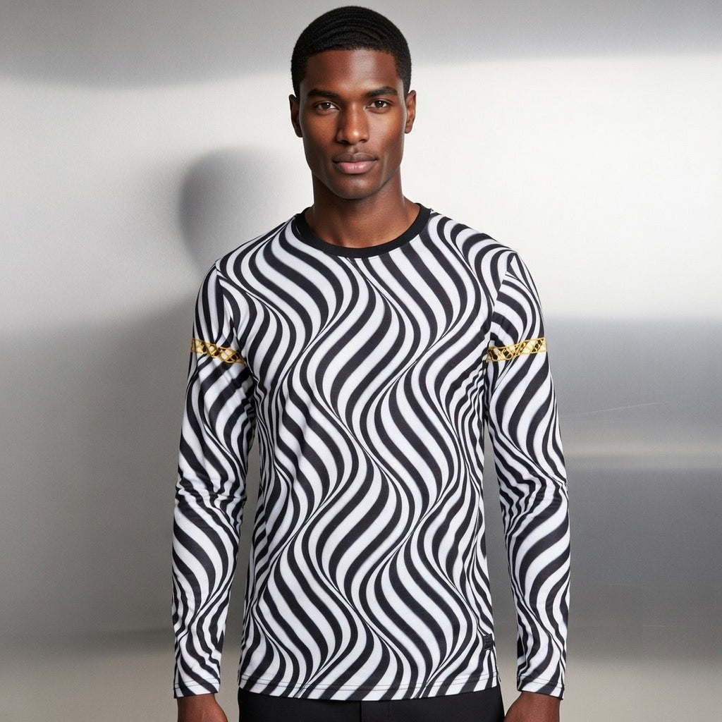 Fabled Fashion Men's Long Sleeve Back/White optical illusion Celtic chain effect AOP Shirt