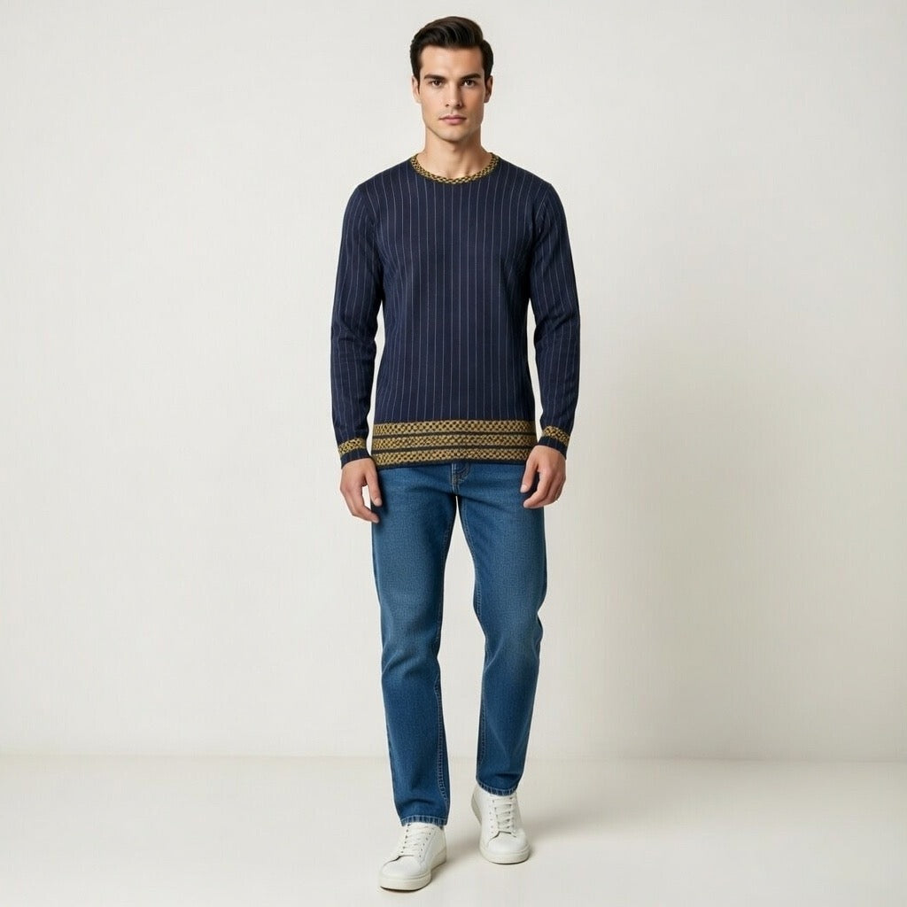Fabled Fashion Men's Long Sleeve Navy Pinstripe Triple Celtic chain effect AOP Shirt Purple