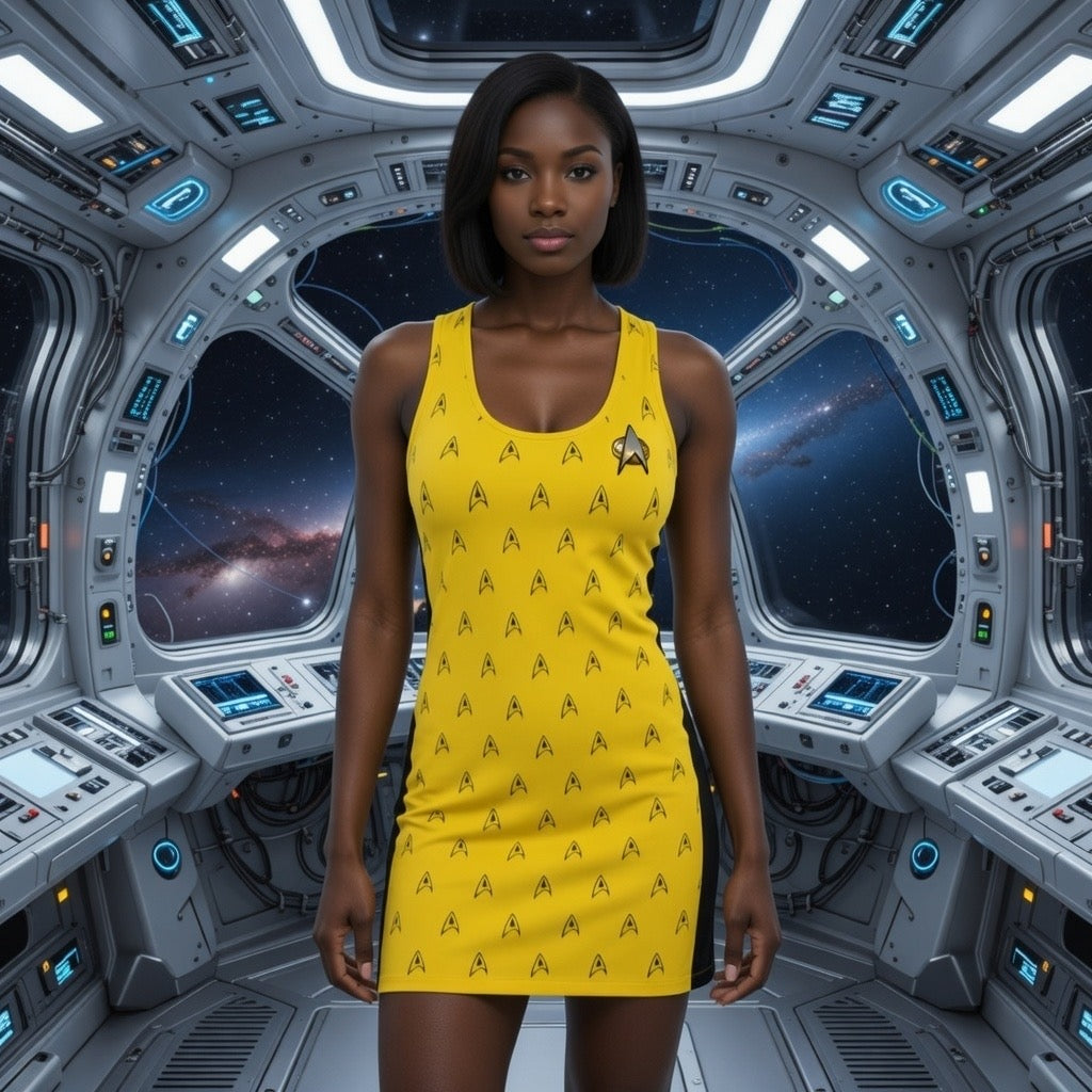 Fabled Fashion Gold Mustard Trekkie Women's Cut & Sew Racerback Dress (AOP)