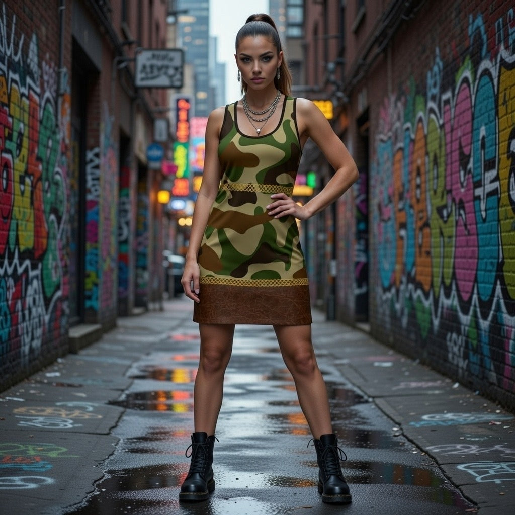 Fabled Fashion Camo and faux leather effect Celtic Knot belt Women's Cut & Sew Racerback Dress (AOP)
