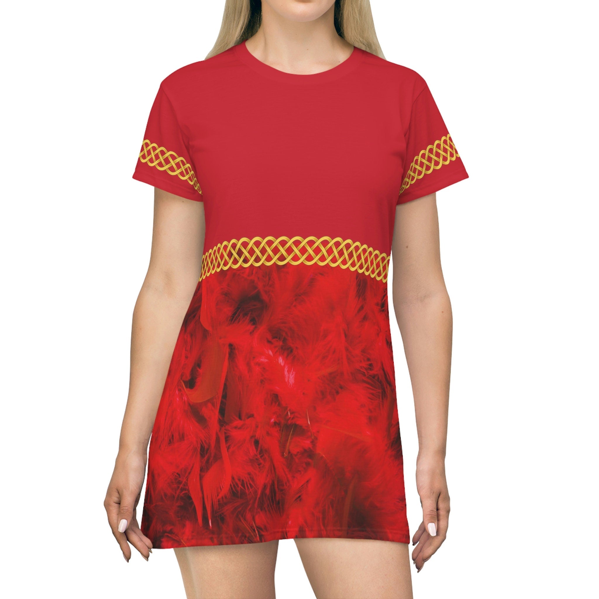 Fabled Fashion Red Feather effect Celtic Knot Medieval Fashions All Over Print Spring/Summer T-Shirt Dress