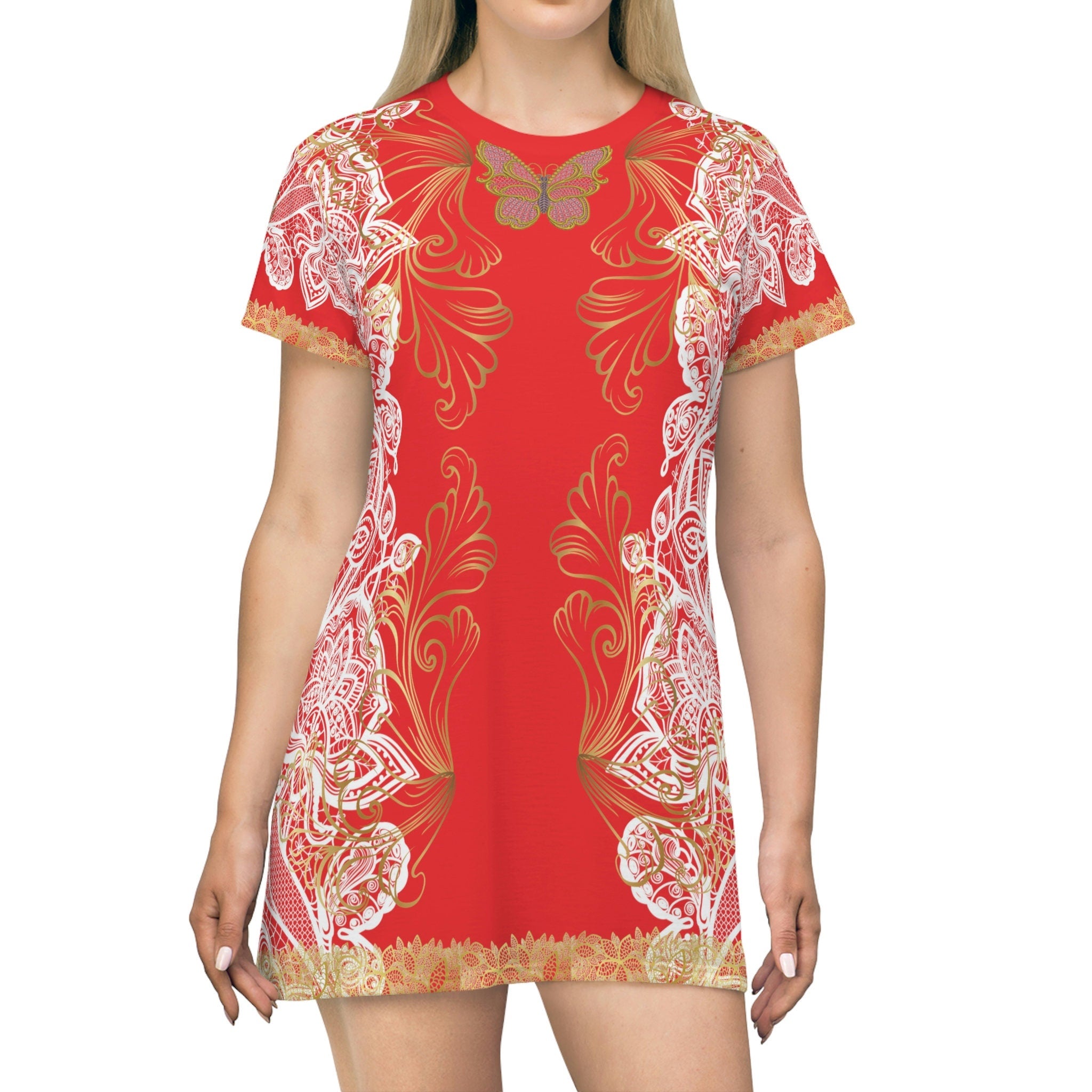Fabled Fashion White/Gold Lace embroidered effect Red All Over Print Spring/Summer T-Shirt Dress