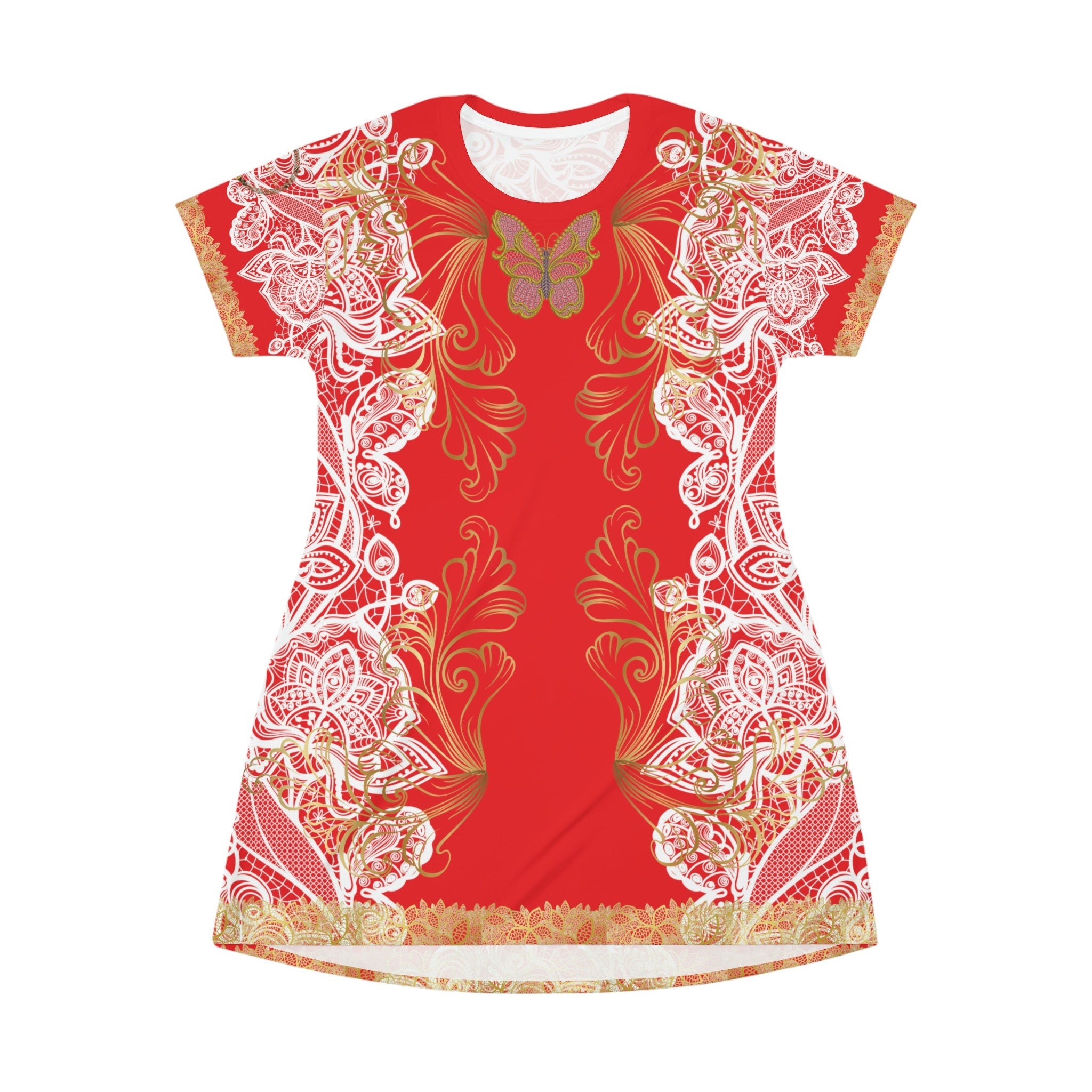 Fabled Fashion White/Gold Lace embroidered effect Red All Over Print Spring/Summer T-Shirt Dress