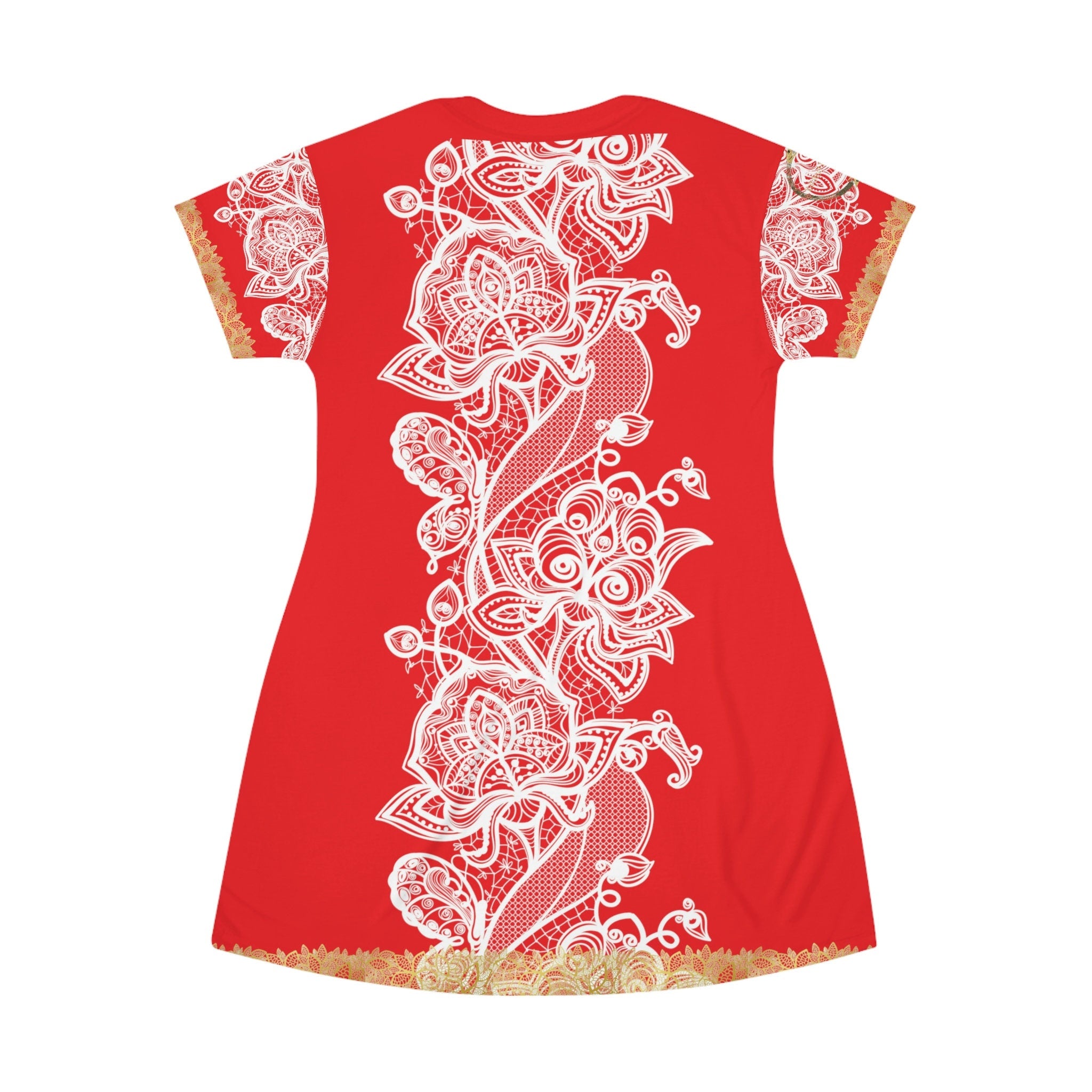Fabled Fashion White/Gold Lace embroidered effect Red All Over Print Spring/Summer T-Shirt Dress