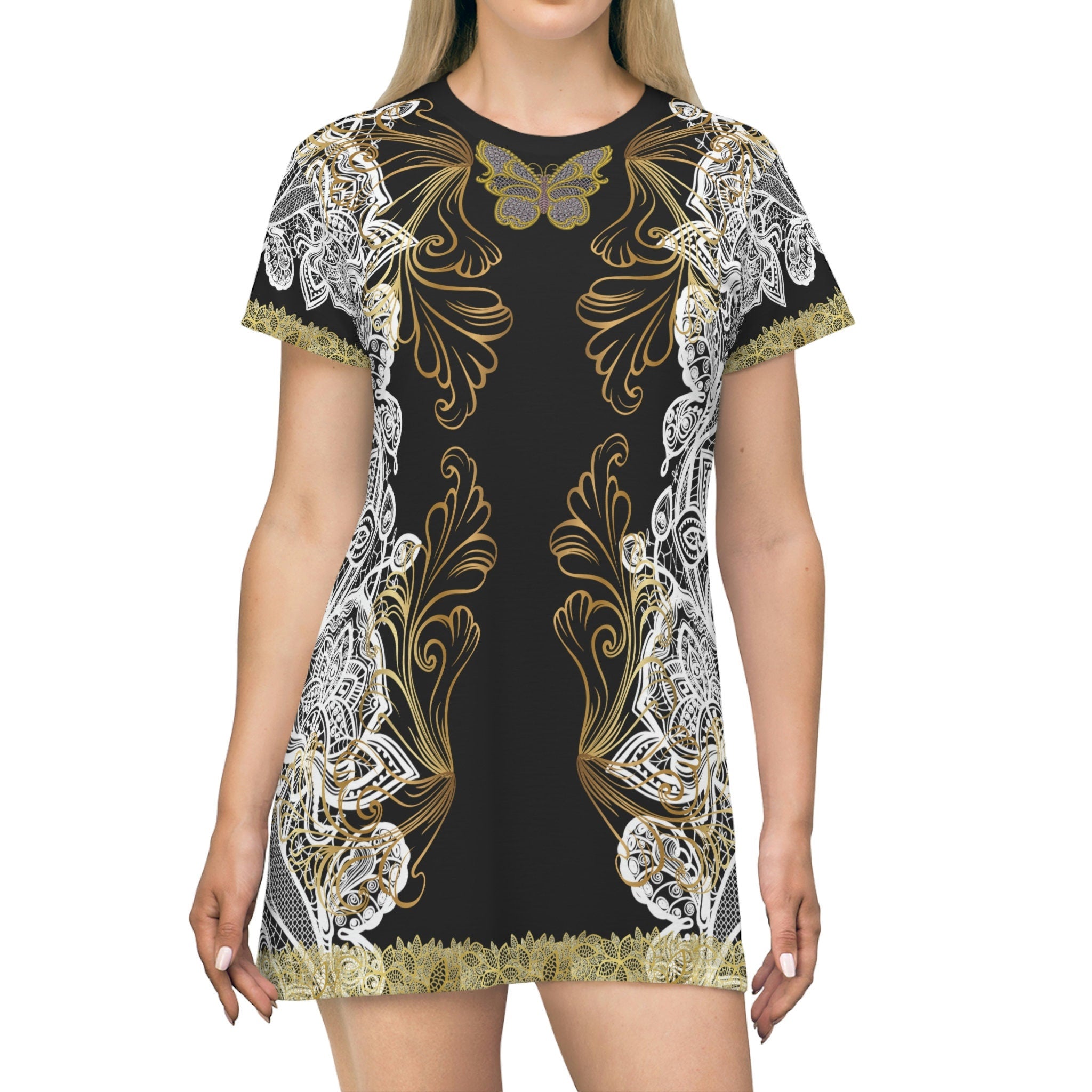 Fabled Fashion White/Gold Lace embroidered effect Black All Over Print Spring/Summer T-Shirt Dress