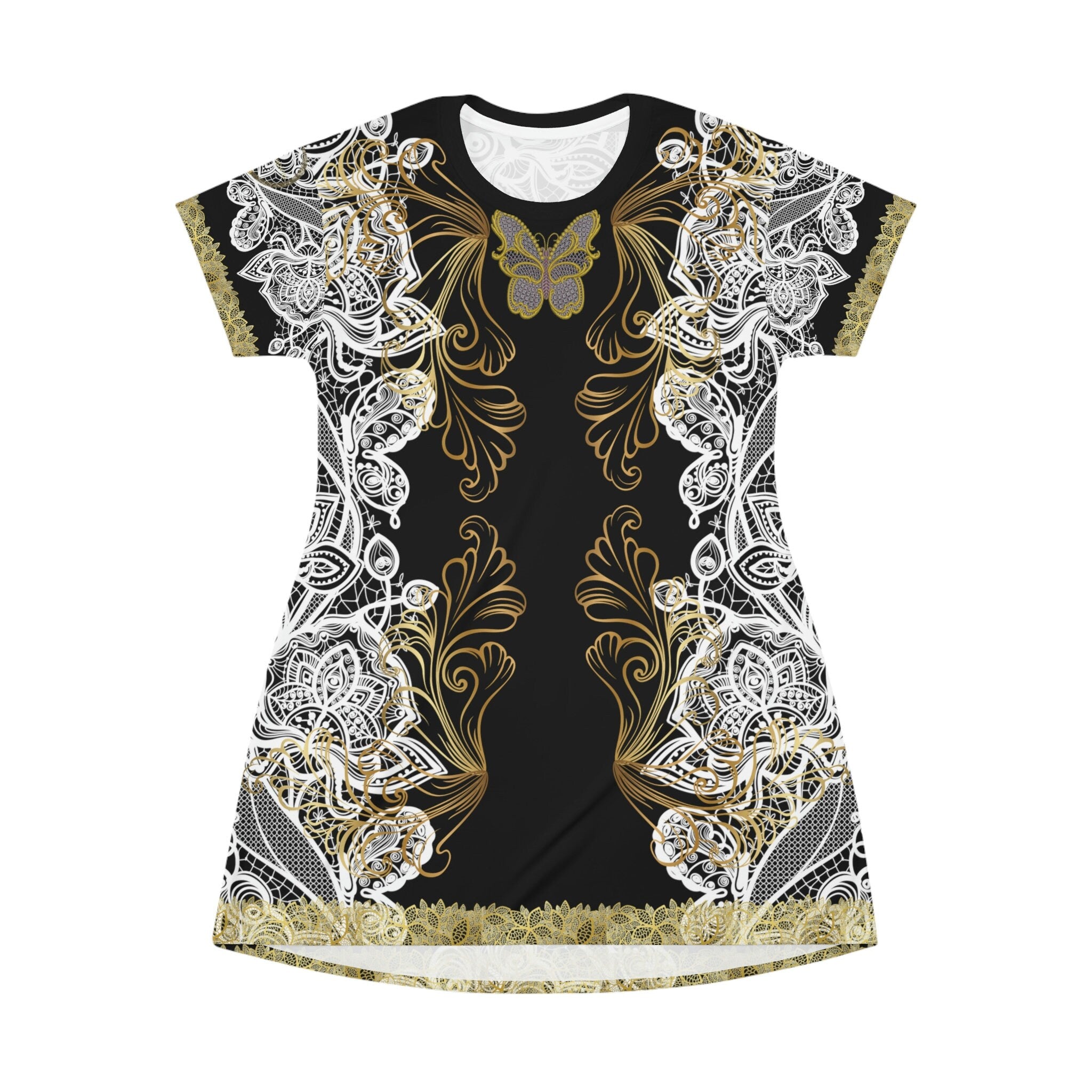 Fabled Fashion White/Gold Lace embroidered effect Black All Over Print Spring/Summer T-Shirt Dress