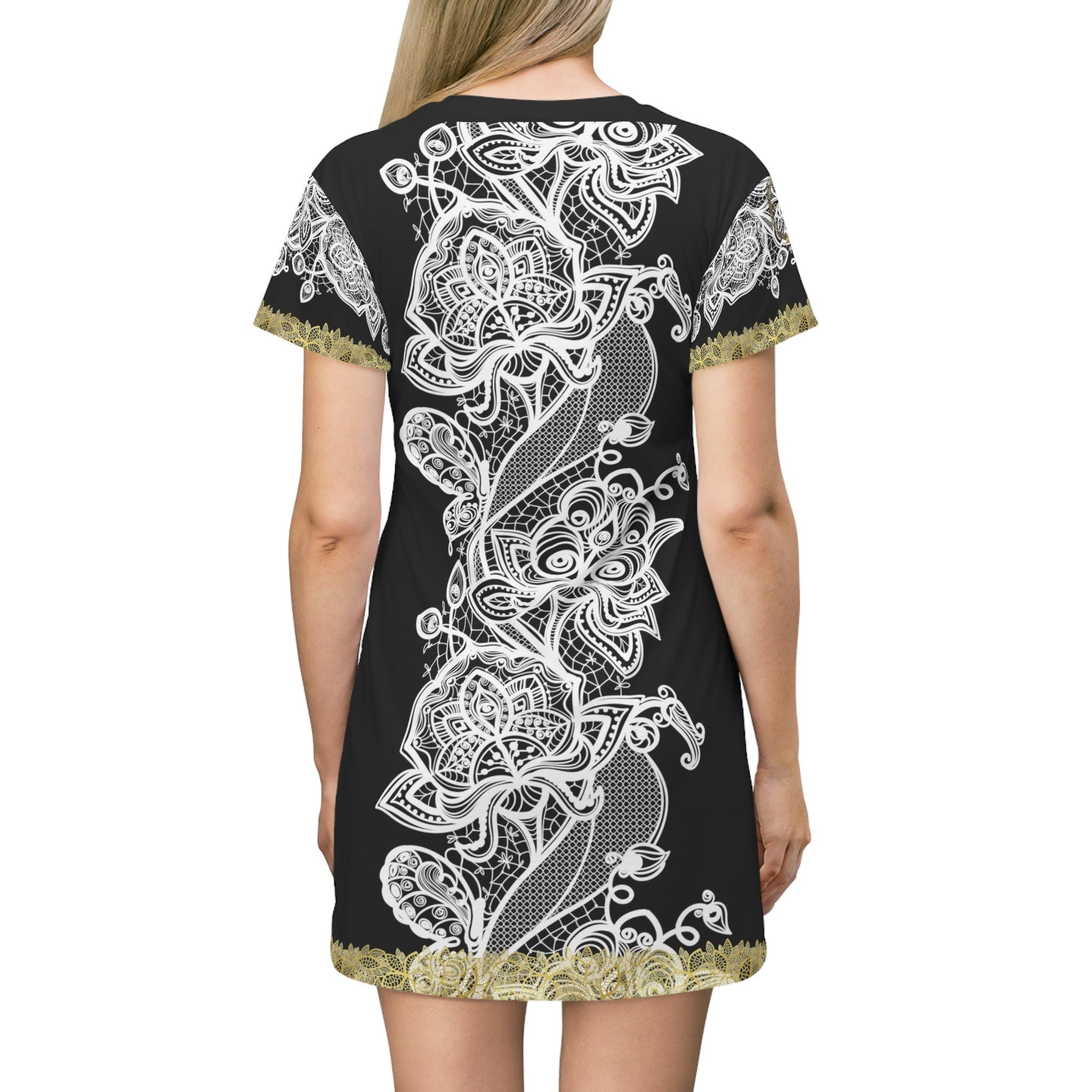 Fabled Fashion White/Gold Lace embroidered effect Black All Over Print Spring/Summer T-Shirt Dress