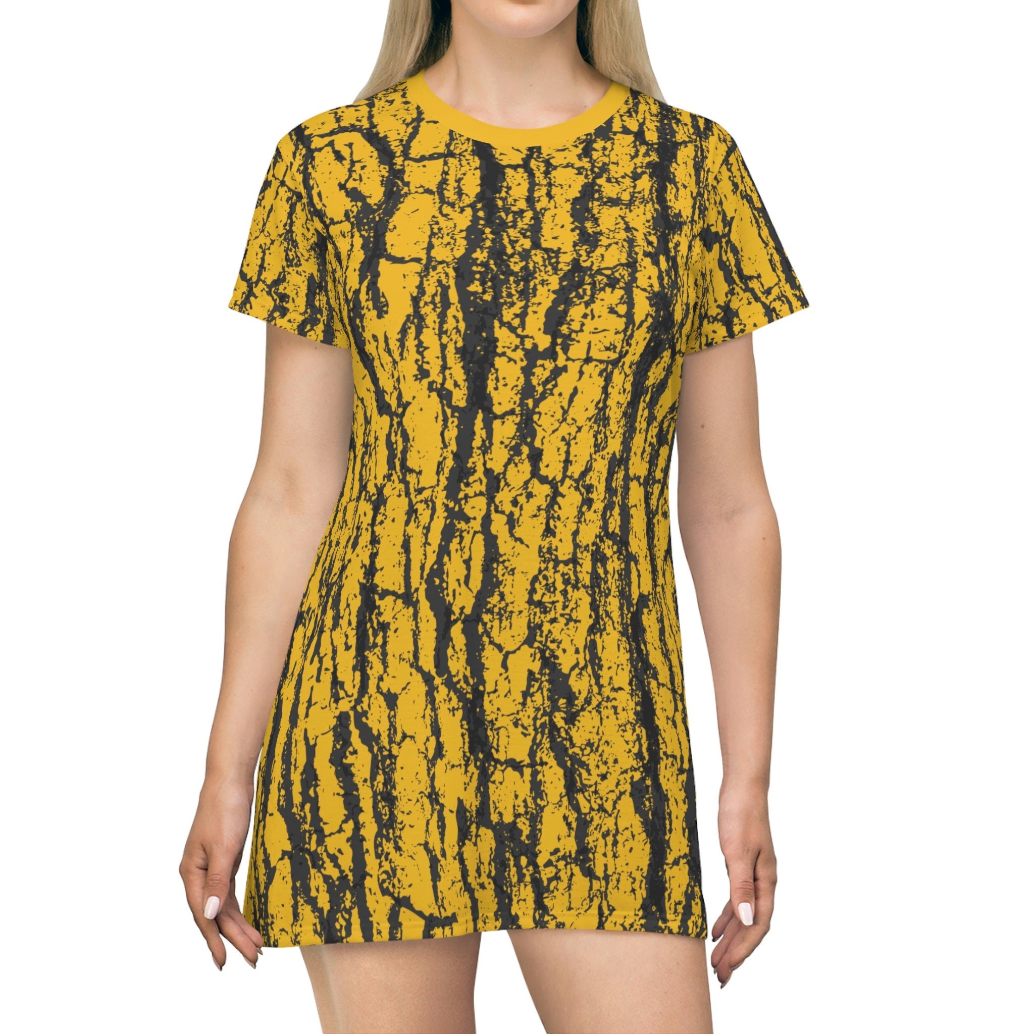 Fabled Fashion Bark effect Yellow All Over Print Spring/Summer T-Shirt Dress