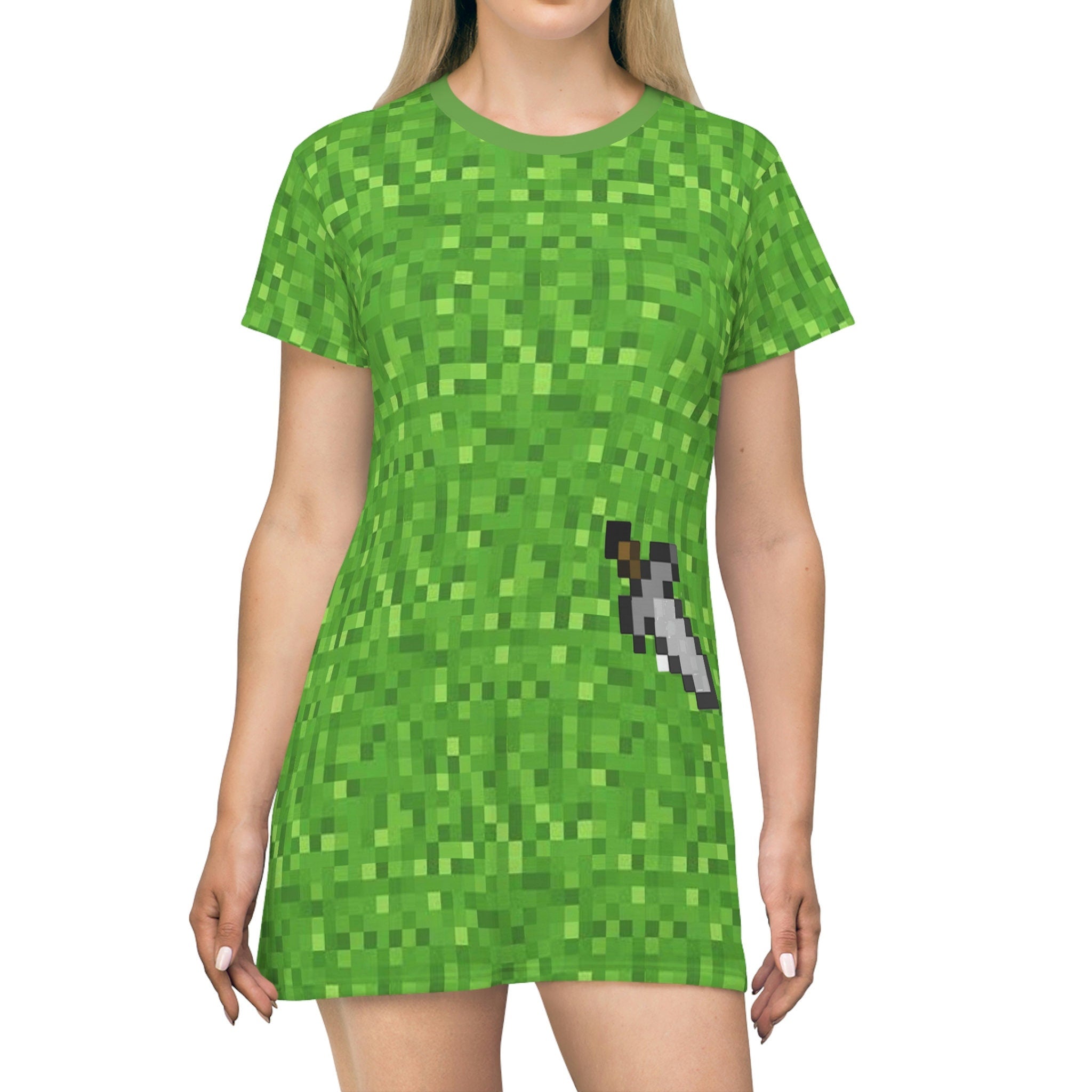 Fabled Fashion Minecraft inspired green pixels style All Over Print Spring/Summer T-Shirt Dress