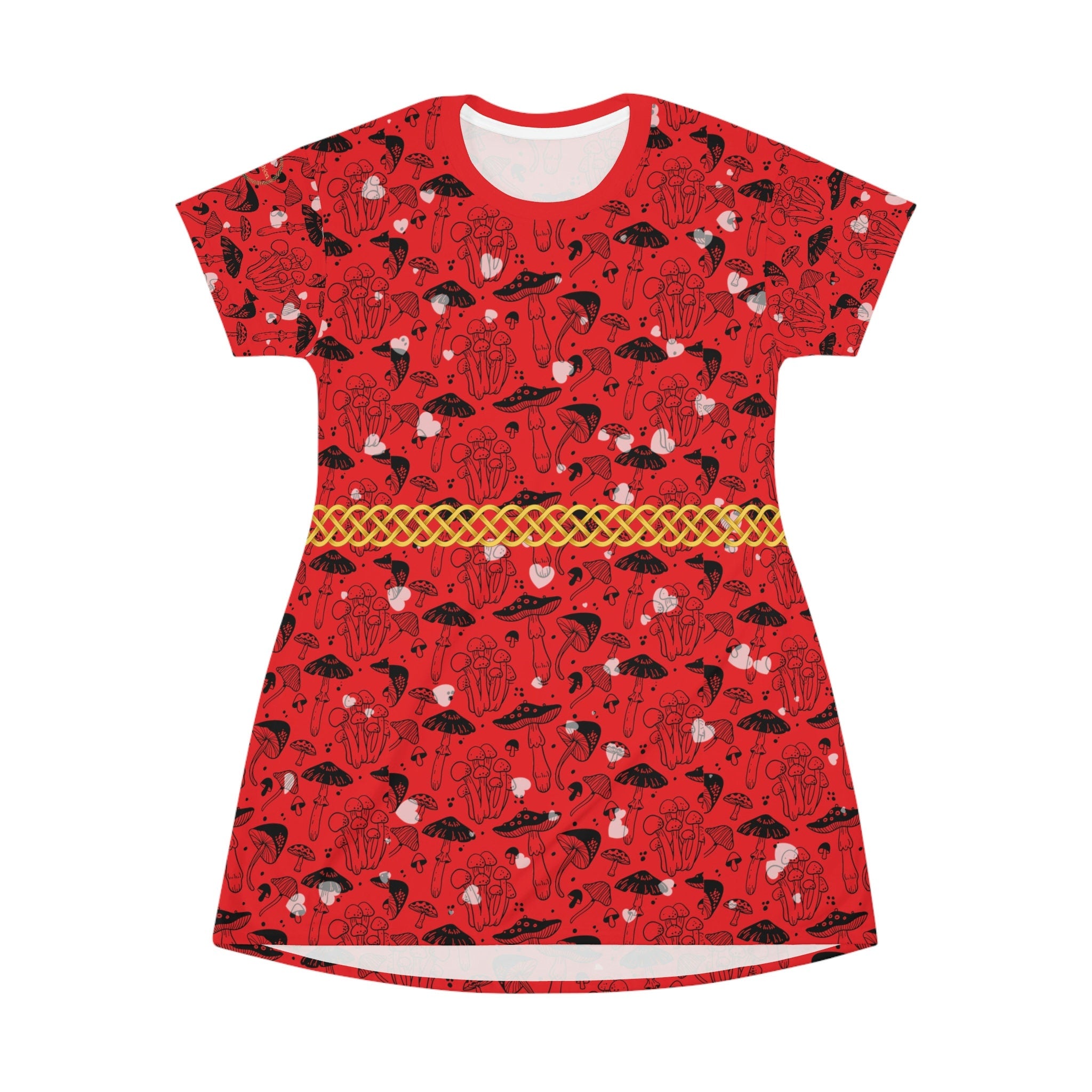 Fabled Fashion Red Mushrooms Celtic Knot All Over Print Spring/Summer T-Shirt Dress