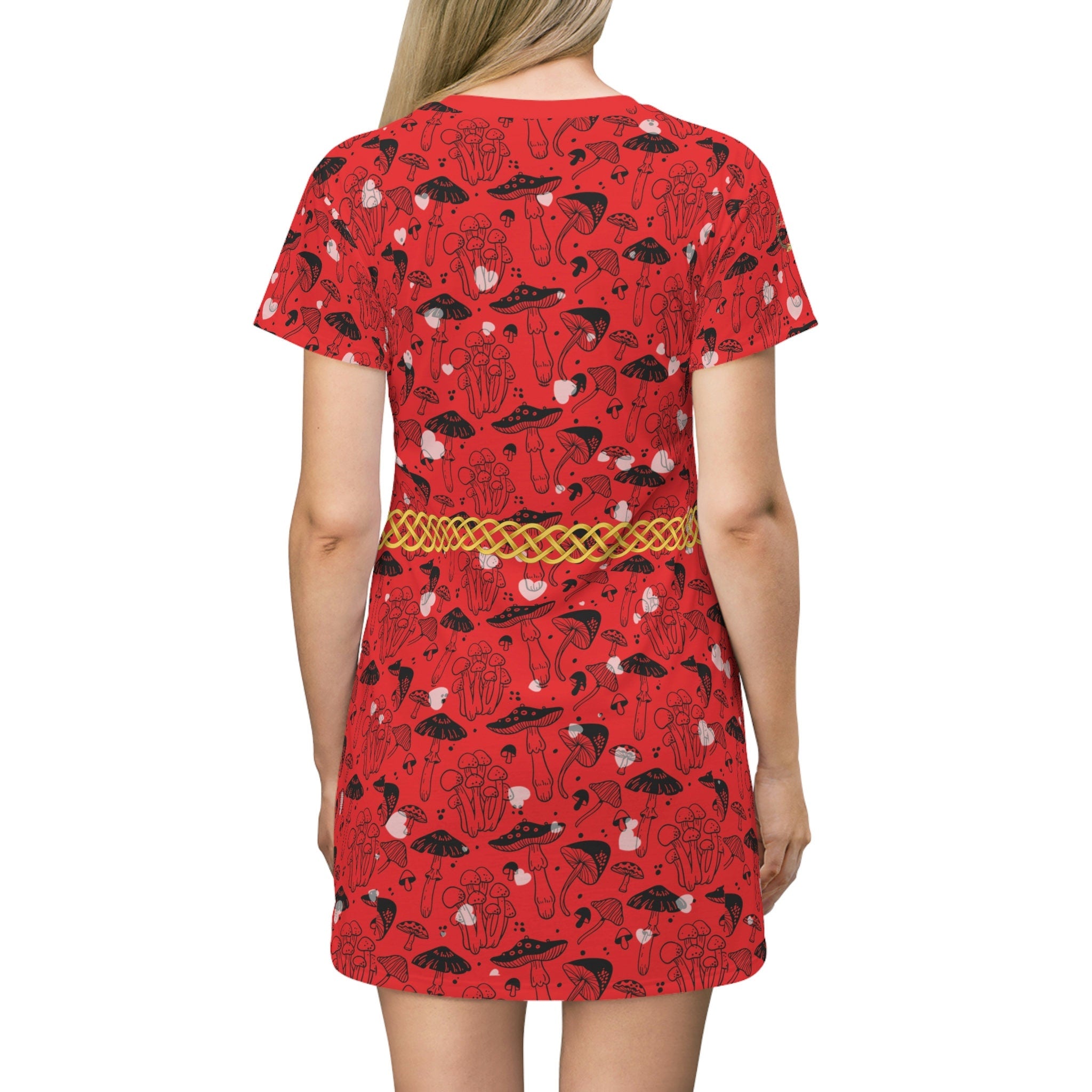 Fabled Fashion Red Mushrooms Celtic Knot All Over Print Spring/Summer T-Shirt Dress
