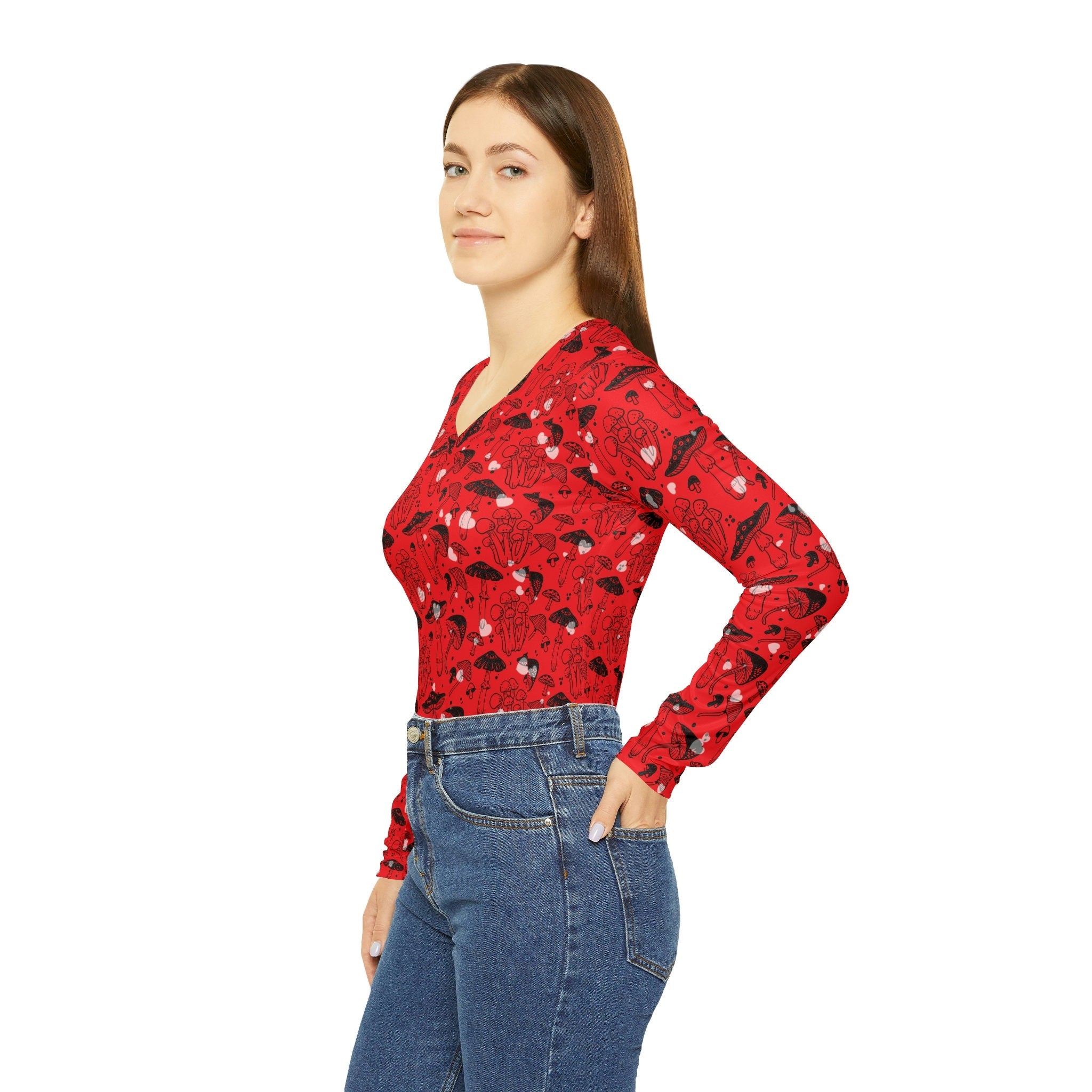 Fabled Fashion Red Toadstool effect Mushroom Print Women's Long Sleeve V-neck Shirt (AOP)