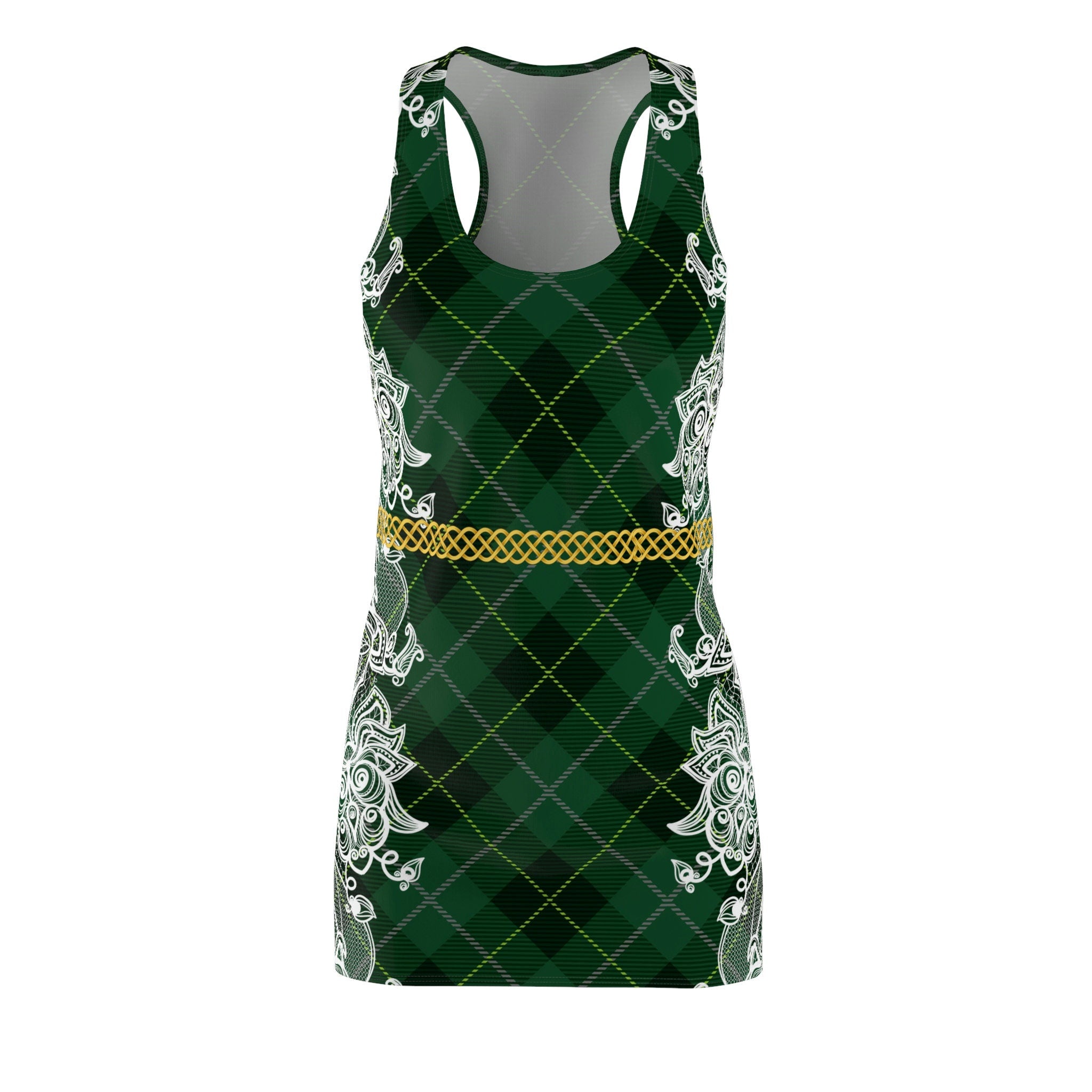 Fabled Fashion Green Tartan plaid and white lace effect Celtic Knot belt Women's Cut & Sew Racerback Dress (AOP)