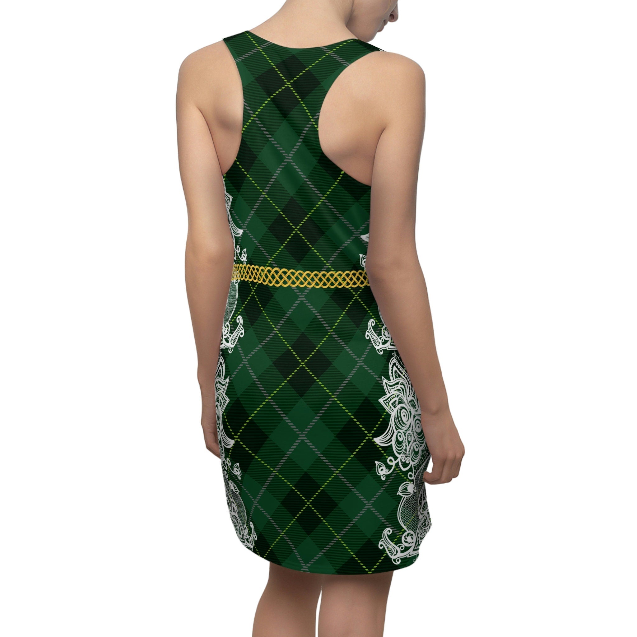 Fabled Fashion Green Tartan plaid and white lace effect Celtic Knot belt Women's Cut & Sew Racerback Dress (AOP)