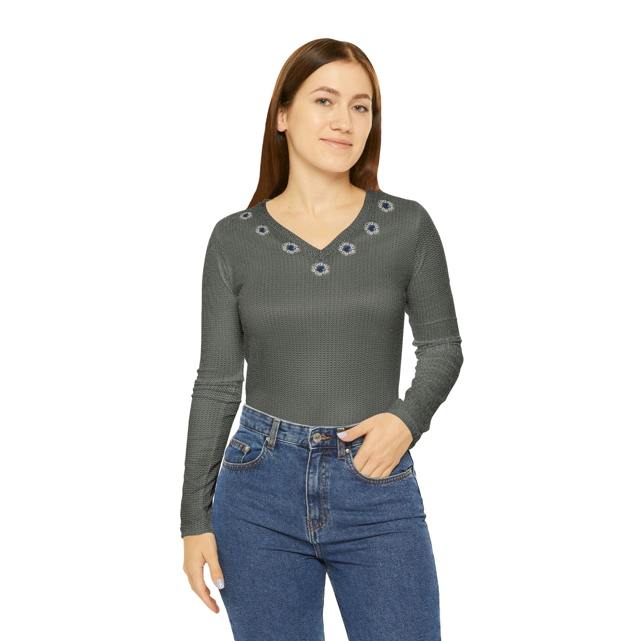 Fabled Fashion Grey/Silver chainmail effect print Women's Long Sleeve V-neck Shirt (AOP)