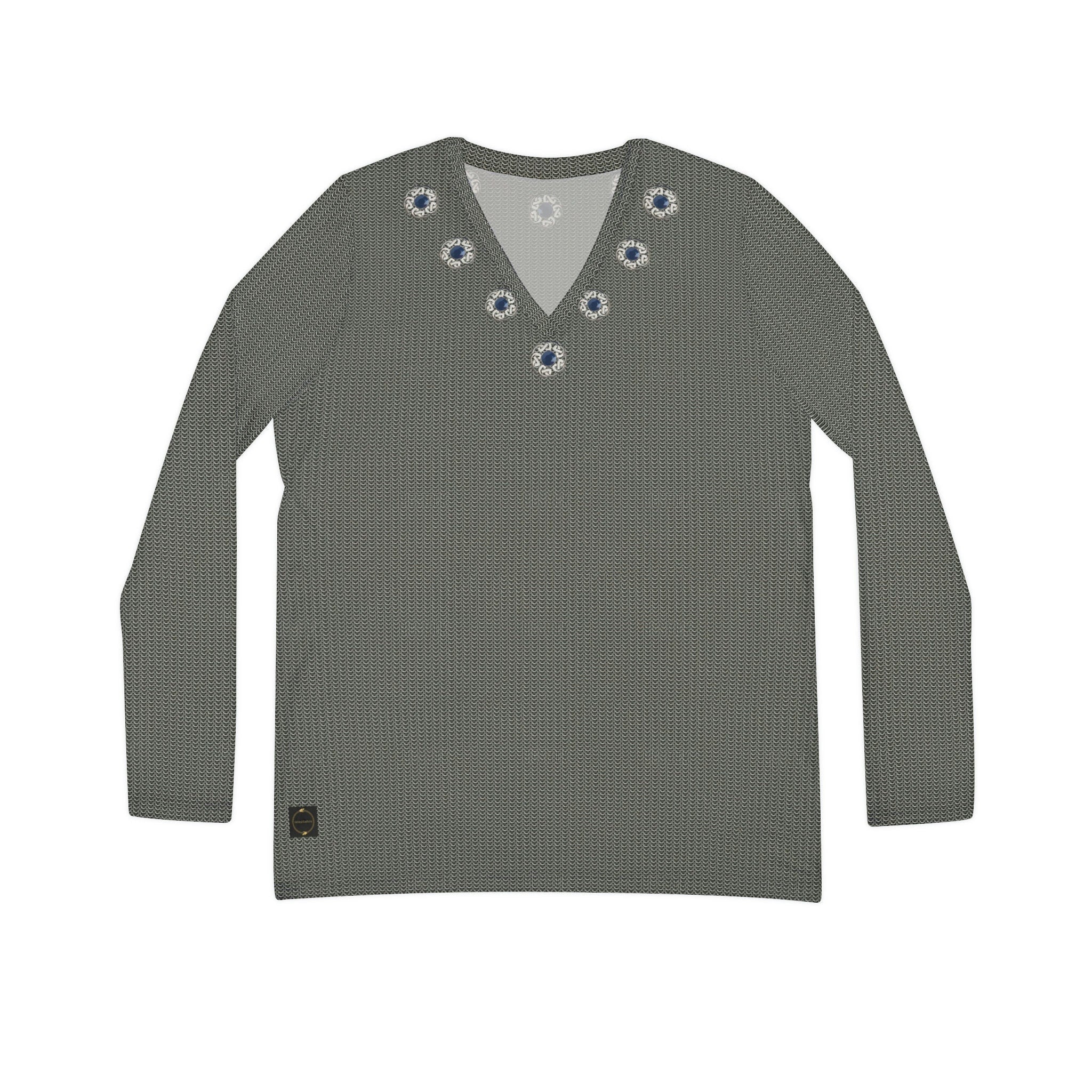 Fabled Fashion Grey/Silver chainmail effect print Women's Long Sleeve V-neck Shirt (AOP)