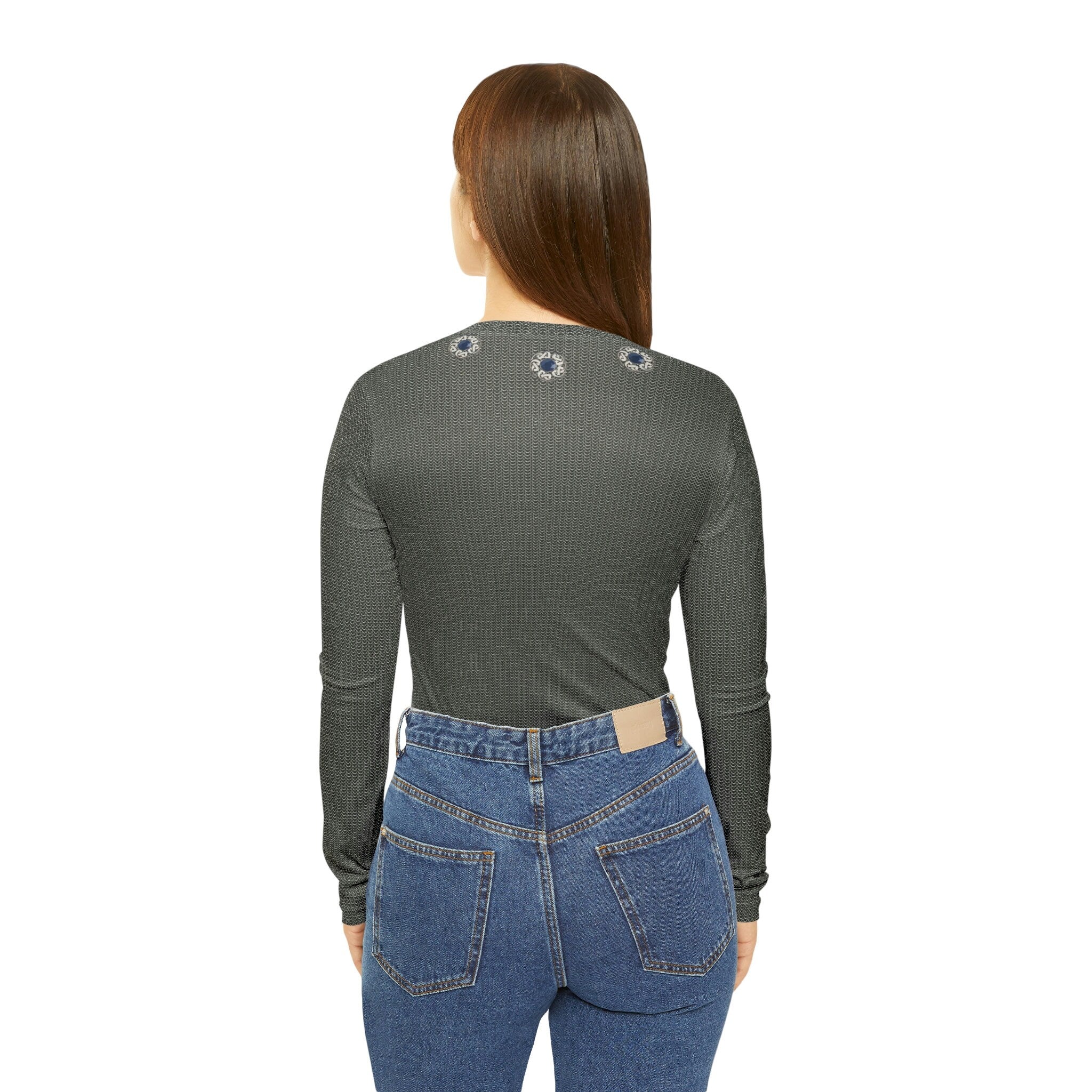 Fabled Fashion Grey/Silver chainmail effect print Women's Long Sleeve V-neck Shirt (AOP)