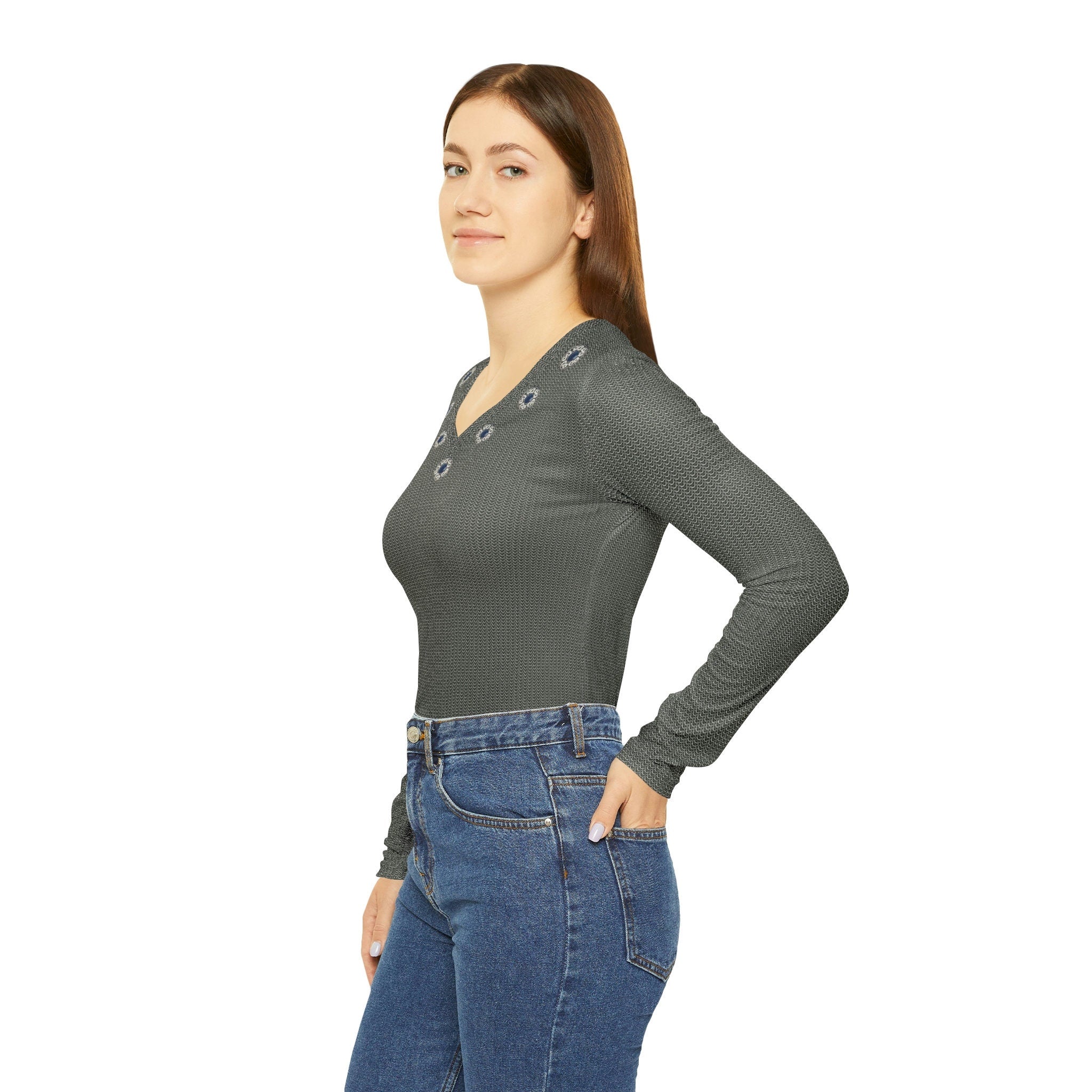 Fabled Fashion Grey/Silver chainmail effect print Women's Long Sleeve V-neck Shirt (AOP)