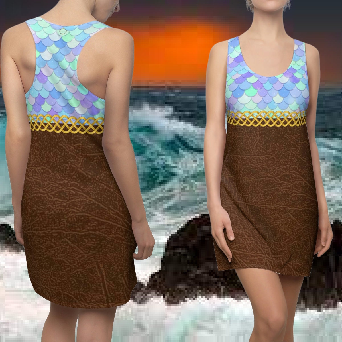 Fabled Fashion Mermaid scales and Leather effect Celtic Knot Women's Cut & Sew Racerback Dress (AOP)