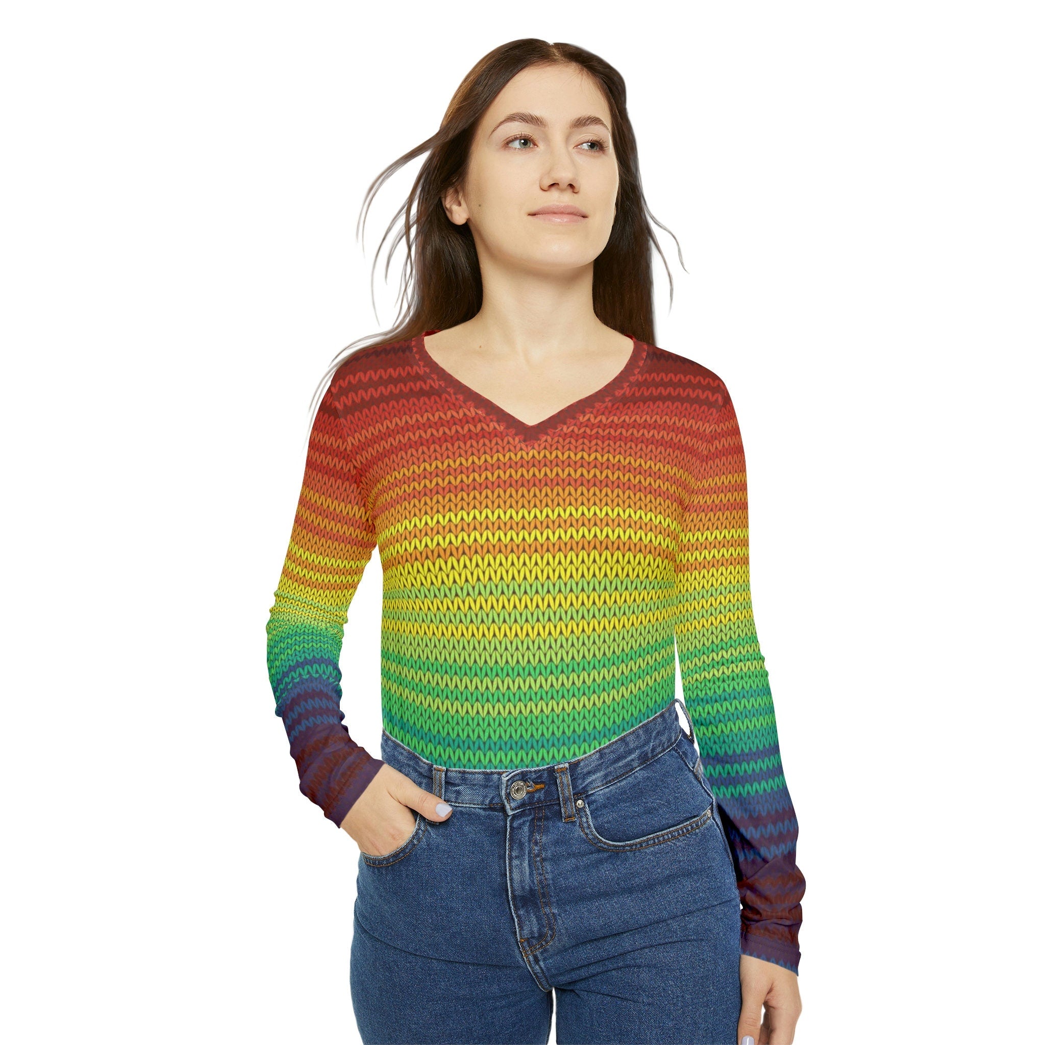 Fabled Fashion Mexican Knit effect Women's Long Sleeve V-neck Shirt (AOP)