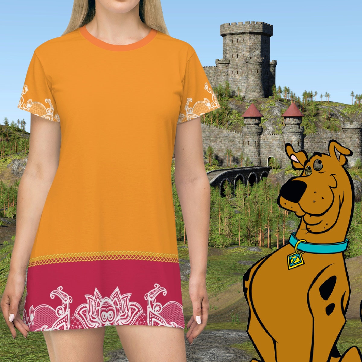 Fabled Fashion Velma Dinkley colour inspired Lace effect with Celtic Knot All Over Print Spring/Summer T-Shirt Dress