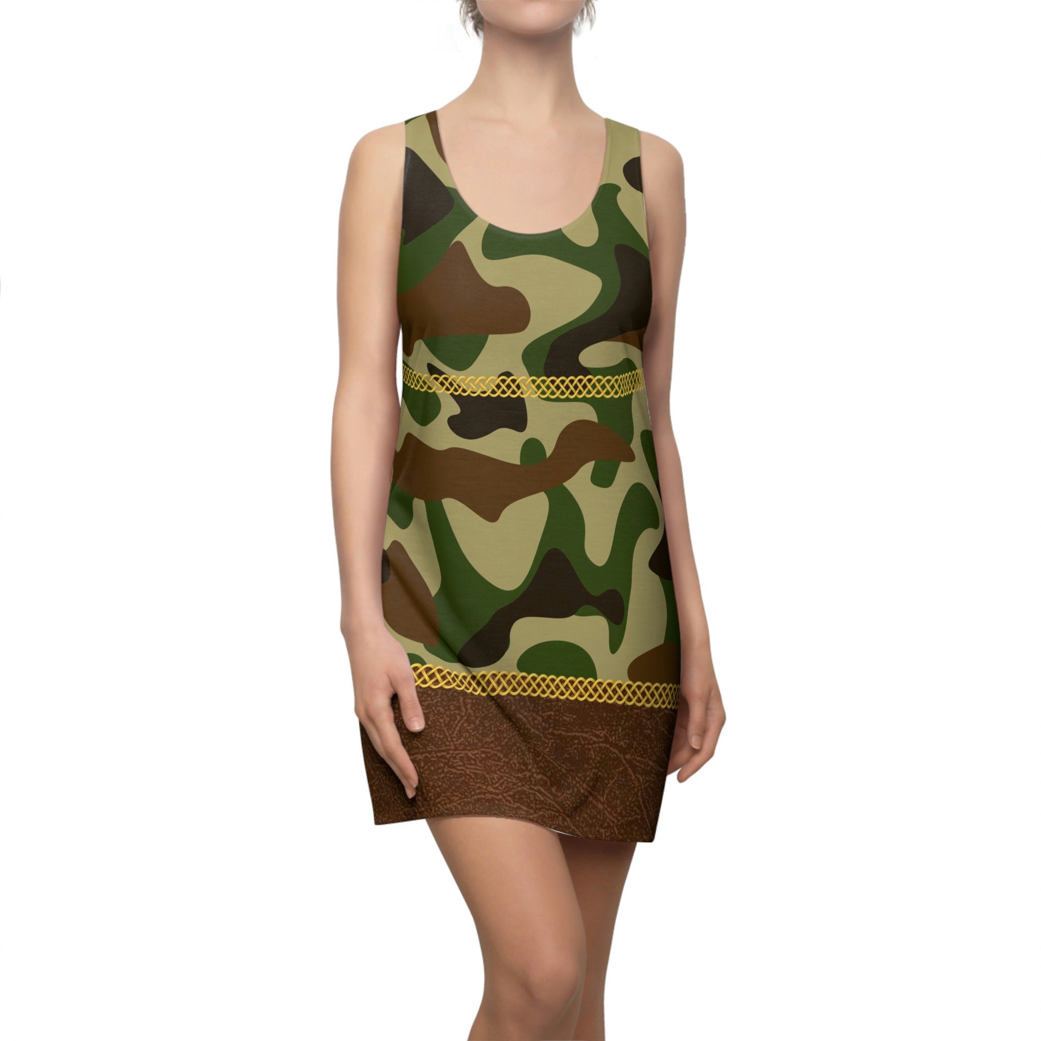 Fabled Fashion Camo and faux leather effect Celtic Knot belt Women's Cut & Sew Racerback Dress (AOP)